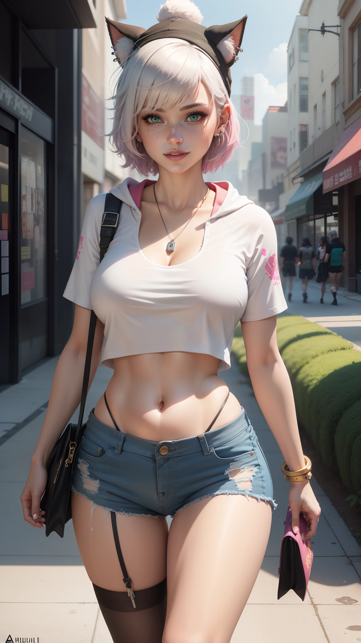 gwen tennyson,ahri,yorha 2b,y'shtola rhul,overwatch,nier automata,mecha pilot,shopping center,tattoos,orange and pink plugsuit,white short sleeve top,denim micro shorts,garter belt, uncovered belly,short hair,cute makeup,green eyes,multicolored silver hair,sexy smile,freckles,beautiful girl,large breasts,8k,ultra detailed, realistic,fantasy art,skater uniform,ear piercings,cyberpunk suit,saiyan girl, saiyan female,pink short sleeve sport hoodie,fox ear beanie,graffiti wall art, walking,chain purse,goth necklace,white stockings,