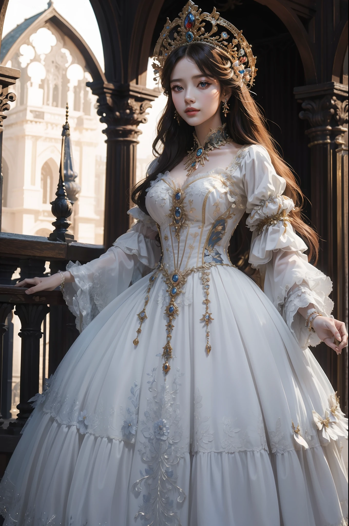 ((top-quality、​masterpiece、photographrealistic:1.4、8K))、1 beautiful detailed girl、extremely detailed eye and face、beatiful detailed eyes、（Complex luxury red dress in medieval European style、Luxurious dress hat in medieval European style）、Luxury accessories、Elegant smile、natta（Depict a scene of a princess standing on the balcony of a castle。Hair swaying in the wind and a dress complement her noble vibe。）、Cinematic lighting、Textured skin、Super Detail、high detailing、High quality、hight resolution、（looking at the viewers）、Petals flutter