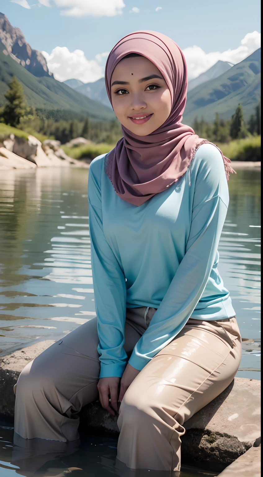 RAW, Best quality, high resolution, masterpiece: 1.3), beautiful Malay woman in hijab (iu:0.8),Best quality, high resolution, Masterpiece: 1.3, Beautiful  hijabi malay girl, Masterpiece, Soft smile,Beautiful Malay women wear pastel color hijab sitting in the water, bright sunshine, hiking clothes, pullover, long pants, highres,4k,HDR,1girl, photorealistic, realistic,sweat skin, wet clothes, wet body, big breast, ((full body))soaked, dripping, smiling at viewer, closeup