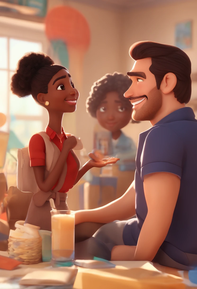 An illustration of an adorable couple, Highlighting a white man and a black woman with beautiful expressive eyes – the man's skin is white and the man's hair is straight and black, while the woman's skin is black and the woman's hair is straight and brown. They are a bright room, cada um com um sorriso no rosto, e compartilhar um momento especial caracterizado pelo amor, Insights. Illustrate this scene from a perspective where they are facing the camera, Smiling and Showing Your Connection. Desenvolva esta arte em Full HD, Focus on your cinematic touch, Estilo Disney Pixar Animations