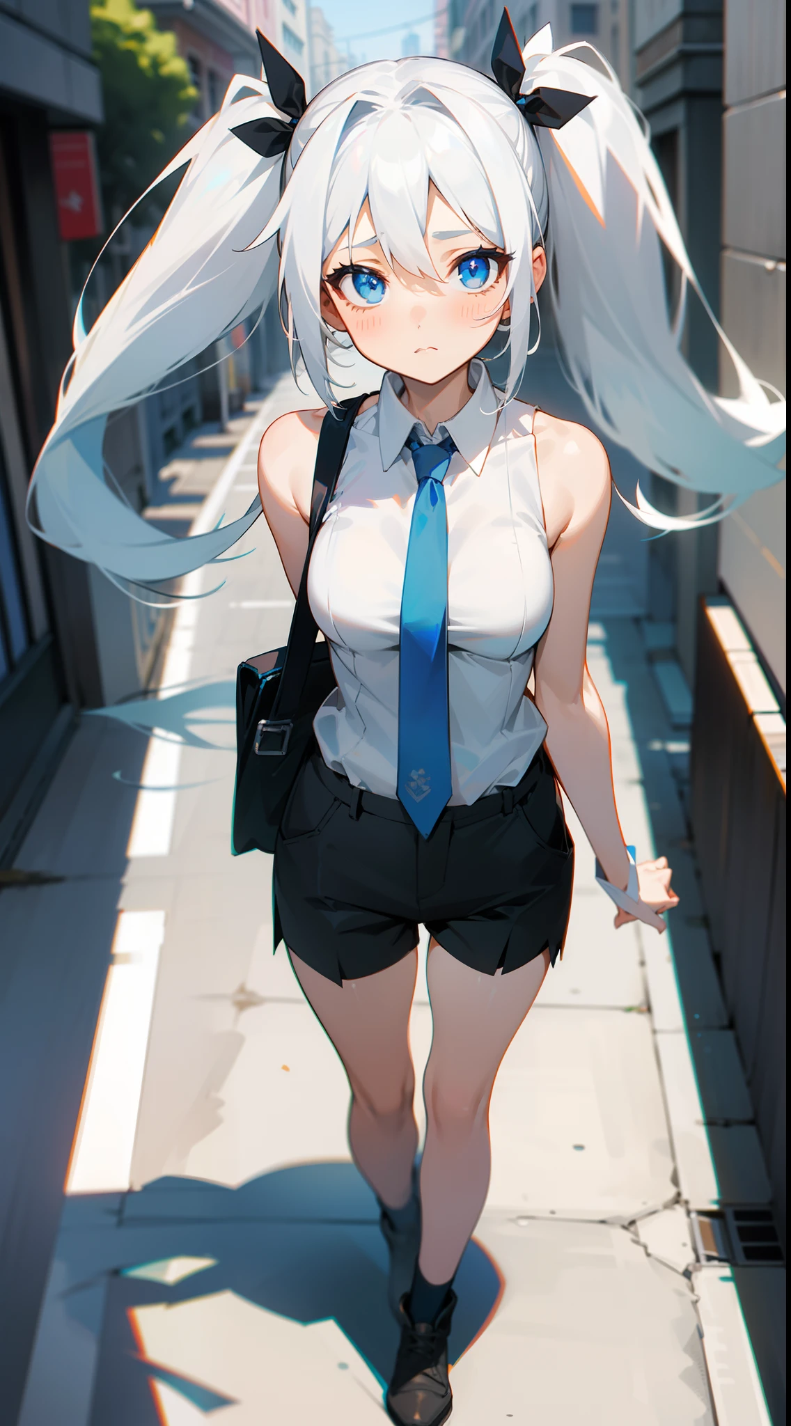 1girl, shy face,medium breasts,white shirt,black shorts,blue tie,white hair,long twintails hair,blue eyes,sleeveless,walking in a street, looking around