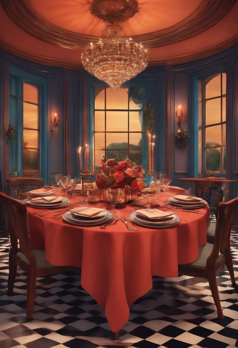 Pixar 3D style drawing of a very romantic dinner table with point of view of the person