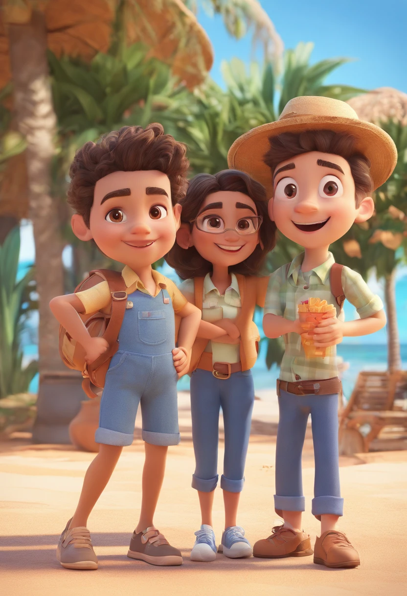 Cartoon of friends having fun on vacation together, 3D Animation Movie Poster, Poster de filme animado, pixar 3 d animation style, pixar renderman rendering, maia 8 mil, animated film, Disney Pixar Estilo 3D, amigos felizes saem juntos, all wearing light blue shirts and cream brown long pants, camisa azul clara, cream brown pants, ao ar livre, vacation, Disney Pixar Animation Poster