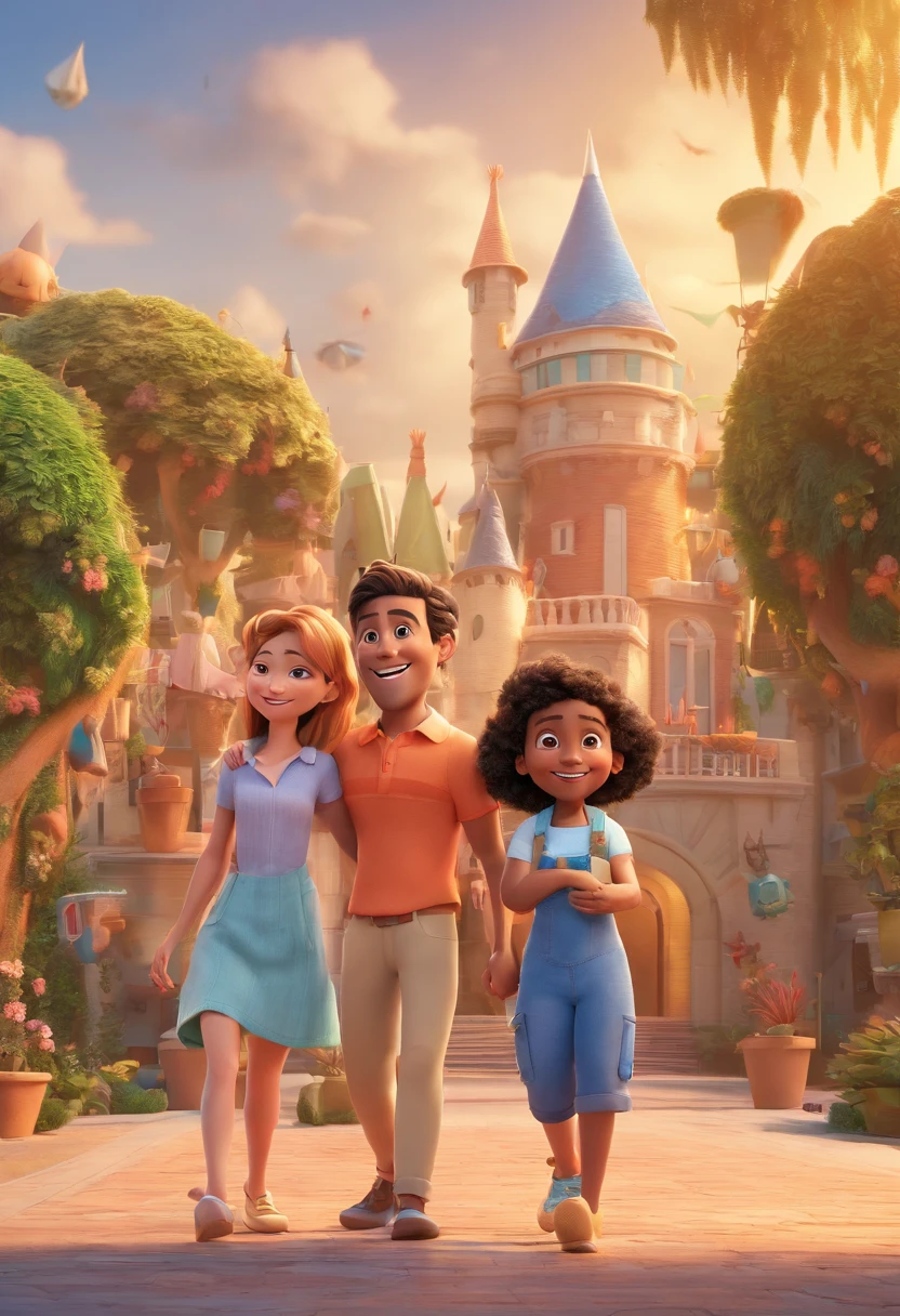 3D, PIXAR style, (((Disney Pixar Cartoon type B))), 3 children, ((( japanese boy called Daniel))),(((Sara is a blonde white little girl ))) and (((Alex is a black boy))) The 3 children are 7 years old, the characters have the same height,  They are in the park talking to each other.