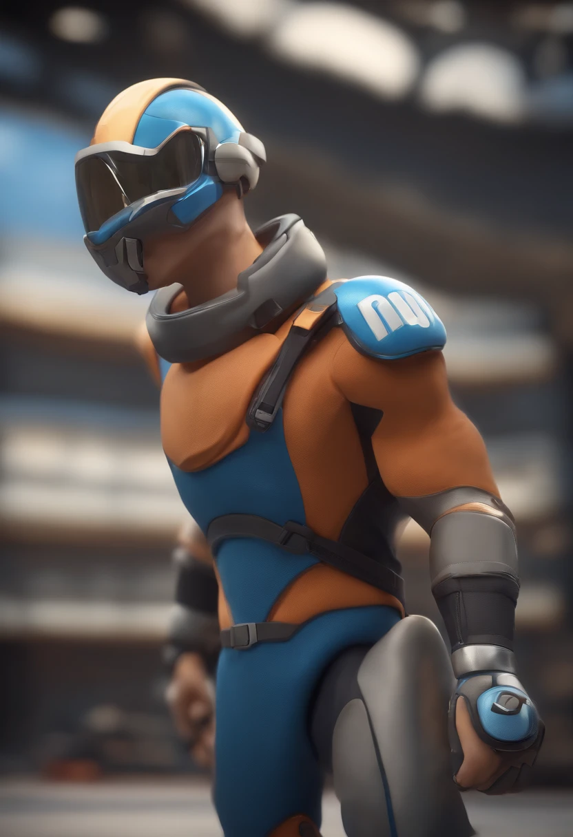 personagem dos desenhos animados de um homem com cabelo preto, camisa azul com listras pequenas brancas na vertical, Helmet Building Animation Character, Caractere estilizado, animation style rendering, 3D estilizado, Arnold Maya render, 3 d render stylized, toon render keyshot, Personagem 3D, Personagem 3D, 3d rendering stylized, 3 d character render, personagem de desenho animado, Personagem de close up, Pose de personagem, (Estilo Pixar) (master part:1.2) (Bokeh) (best quality) (pele detalhada) (textura detalhada) (8k) (argila) (Cinematic lighting) (foco nítido