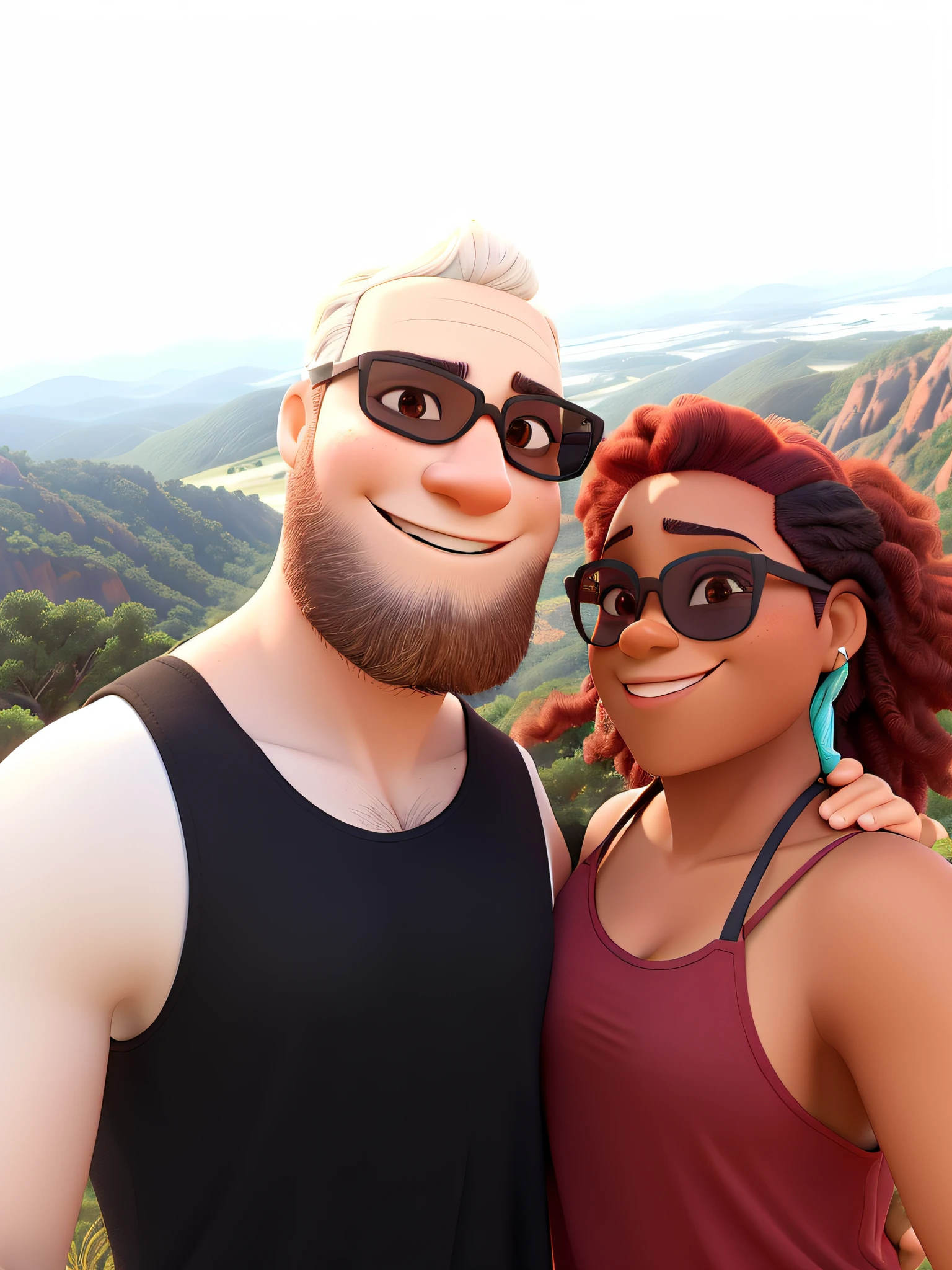 A imagem no estilo pixar, alta qualidade, melhor qualidade mostra um homem e uma mulher juntos em frente a uma paisagem montanhosa. Bald white young man is dressed only in a black tank top and sunglasses, com barba cheia. Ao lado dele, A black woman is dressed in a red tank top and sunglasses, Hair dyed various shades of red. They're both smiling at the camera, Projecting a joyful vibe. The backdrop of the image captures the scenic beauty of the mountains, aumentando a atmosfera geral de aventura.