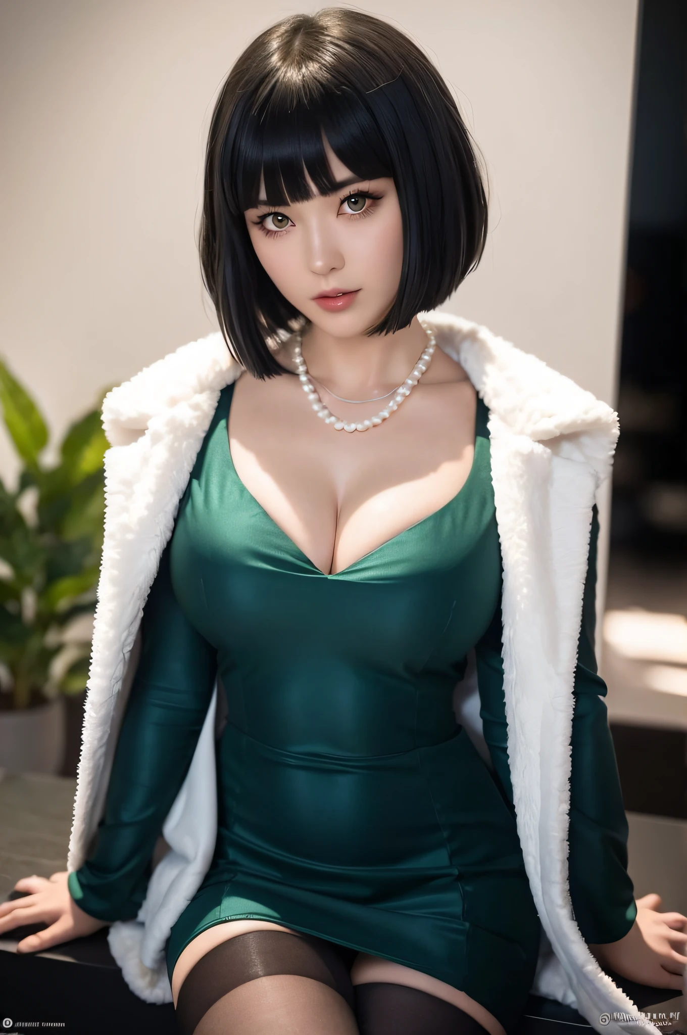 Fubuki,1girl,jewelry,dress,fubuki (one-punch man),solo,necklace,short hair,green eyes,bangs,green dress,pearl necklace,long sleeves,fur coat,blunt bangs,pantyhose,thighhighs,black pantyhose,black thighhighs,full body,bob cut,best quality,masterpiece,illustration,an extremely delicate and beautiful,CG,unity,8k wallpaper,Amazing,finely detail,masterpiece,official art,extremely detailed CG unity 8k wallpaper,incredibly absurdres,huge filesize,ultra-detailed,highres,extremely detailed,beautiful detailed girl,realistic,full frontal,