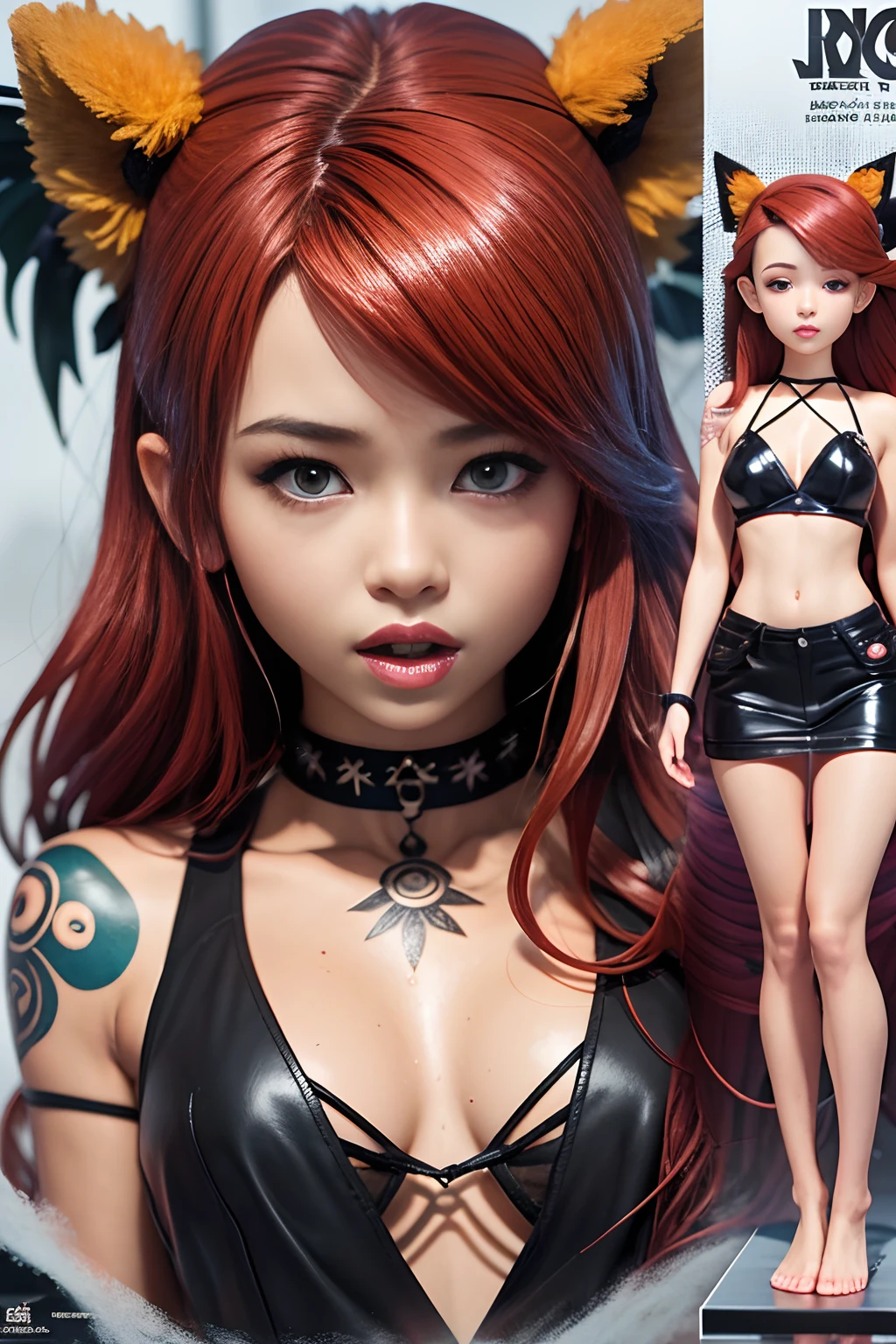 1girl, Jenna Ortega, [red hair|black hair], \(savage, dark skin, jungle, tribal, amazone, wet\)_girl, \(savage, jungle, tribal, amazone, fur, bones\)_\(clothes, clothing\), tribal_\(marks, tatoo\), small breasts, barefoot, girl skinny, rainforest, rain, downpour, from above, avant garde fashion model pop up parade figure, seductive anime girl, anime figure, (anime figurine), seductive. highly detailed, aoshima chiho, ( highly detailed figure ), pvc figurine (back view), (schocked face), (open mouth)