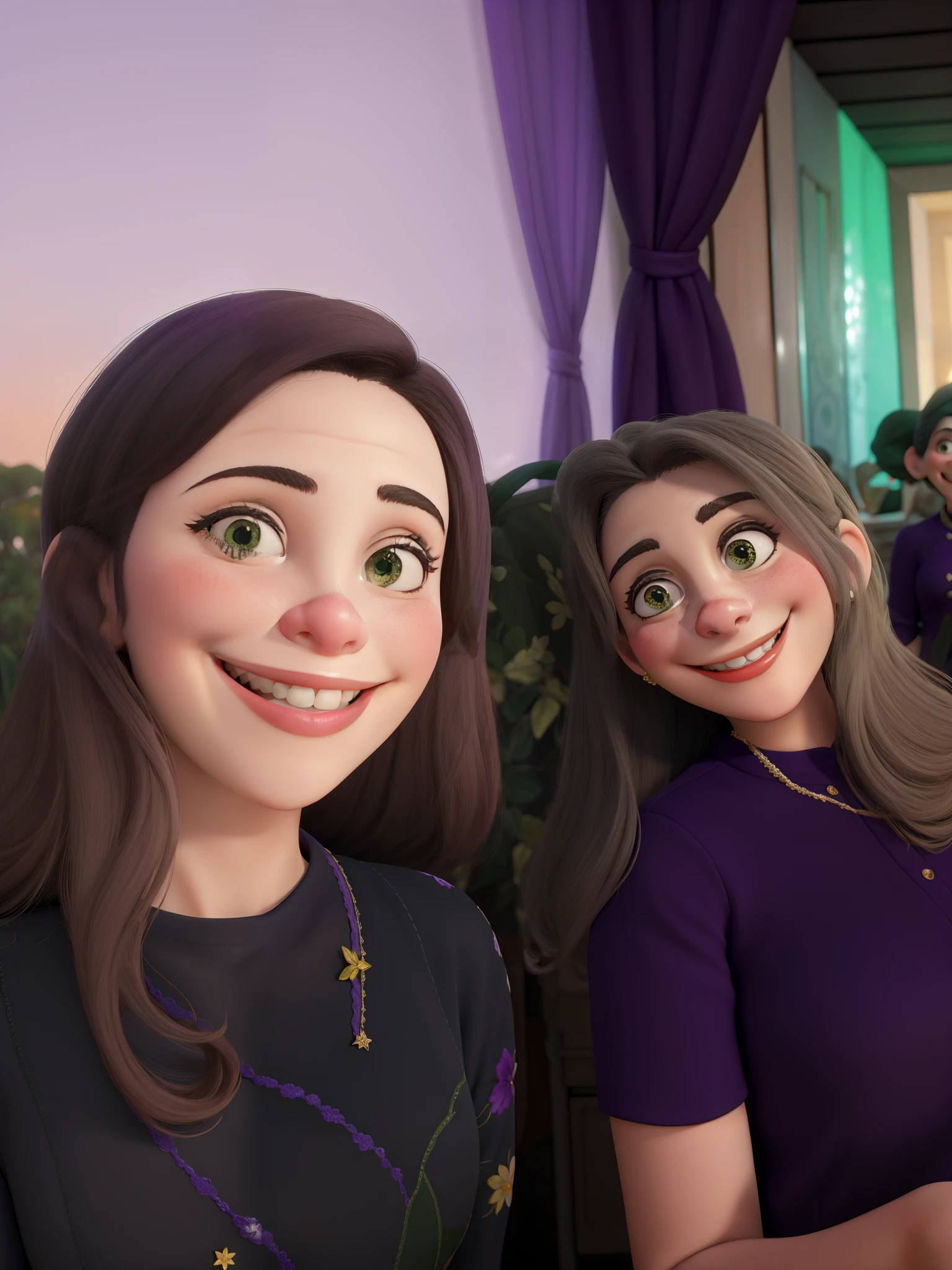 Duas mulheres sorrindo, fundo parede roxo escuro