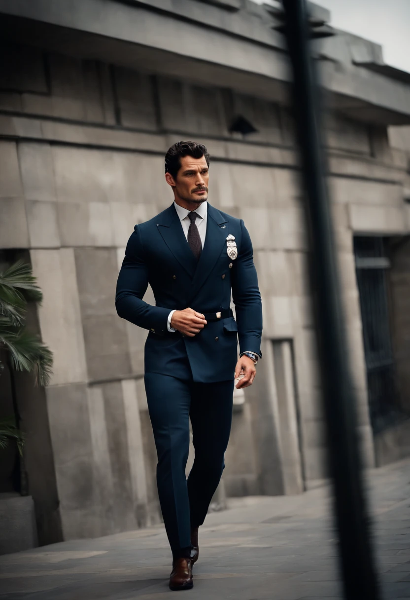 David Gandy jovem, vestido como um policial charmoso, [usando um colete de policial],  [Olhos brilhantes e expressivos], [maxilar cinzelado], [pelos faciais bem cuidados], [toned physique], [postura confiante], [olhar cativante], [impeccable style], [Fashionable police uniform], [roupa montada e sob medida], [corpo forte], [peitoral volumoso], [viril], [sexy]