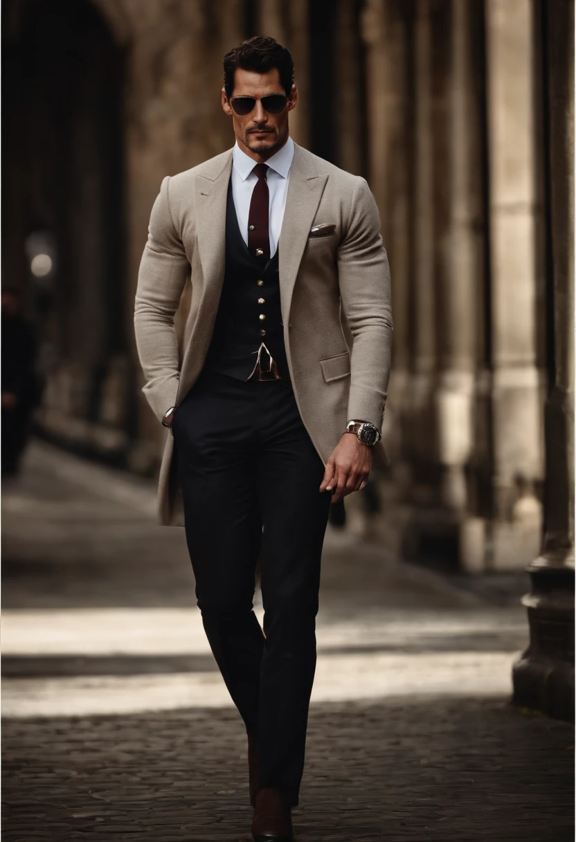 David Gandy jovem, vestido como um policial charmoso, [usando um colete de policial],  [Olhos brilhantes e expressivos], [maxilar cinzelado], [pelos faciais bem cuidados], [toned physique], [postura confiante], [olhar cativante], [impeccable style], [Fashionable police uniform], [roupa montada e sob medida], [corpo forte], [peitoral volumoso], [viril], [sexy]
