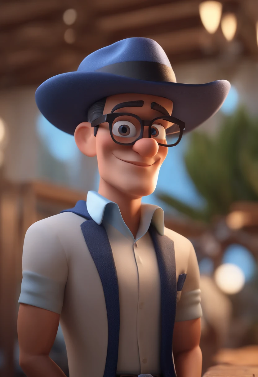 Cartoon character of a man with black glasses and a blue shirt, animation character, Caractere estilizado, animation style rendering, 3D estilizado, Arnold Maya render, 3 d render stylized, toon render keyshot, Personagem 3D, Personagem 3D, 3d rendering stylized, 3 d character render, personagem de desenho animado, Personagem de close up, Pose de personagem,  (Estilo Pixar) (master part:1.2) (Bokeh) (best quality) (pele detalhada) (textura detalhada) (8k) (argila) (Cinematic lighting) (foco nítido