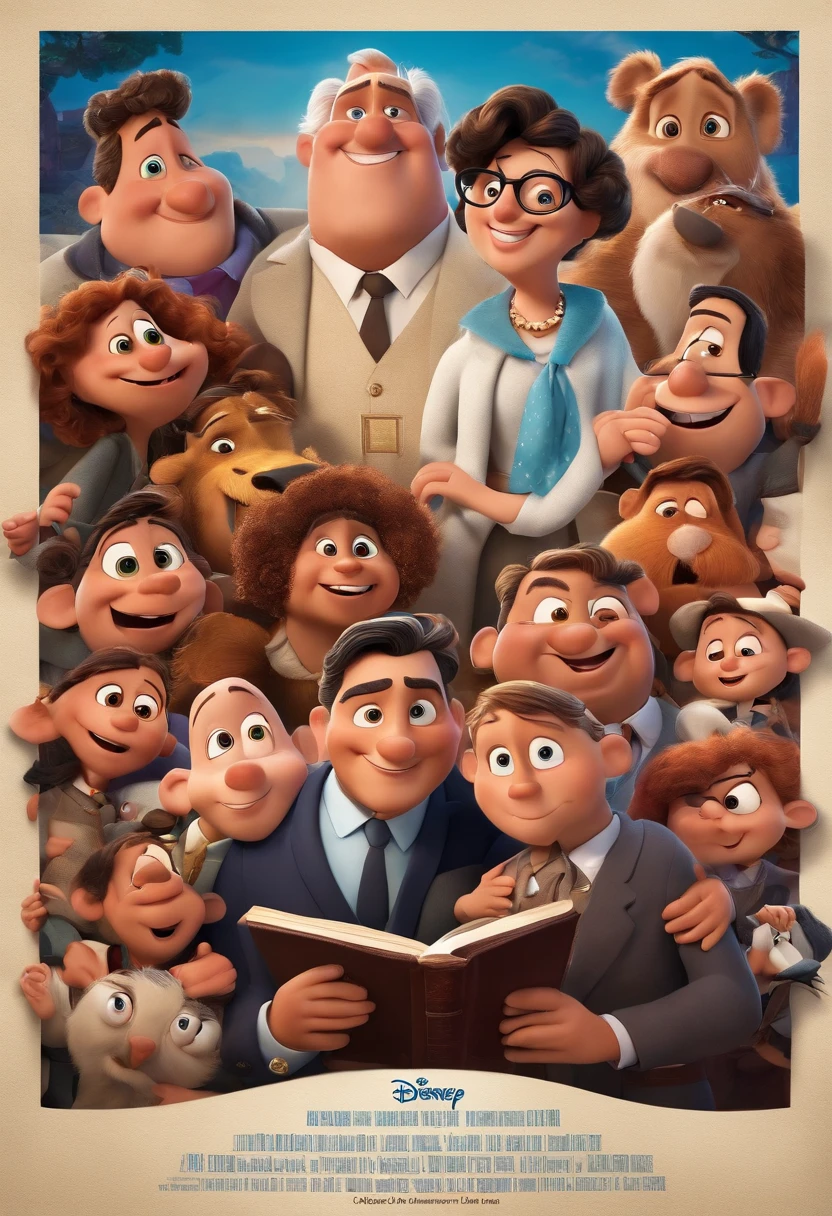 Disney Pixar movie poster with title in Portuguese: O LEGADO
um homem branco curto com cabelos brancos gordinhos com 60 anos
em cima de uma caixa, Wearing a suit and tie with a Bible in his hand