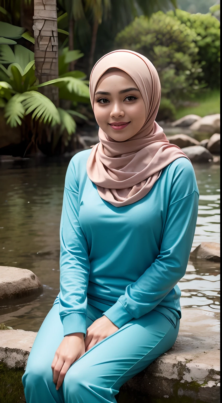 RAW, Best quality, high resolution, Masterpiece: 1.3), Beautiful Malay woman in hijab, Masterpiece, Perfect slim body, Beautiful big eyes, watery eyes, Soft smile, wet lips, ((wearing school uniform)),smiling, windy, skin details, skin texture details, thick thighs, sexy body, morning time, smiling, happy, bright sunlight, blurred background, bokeh
