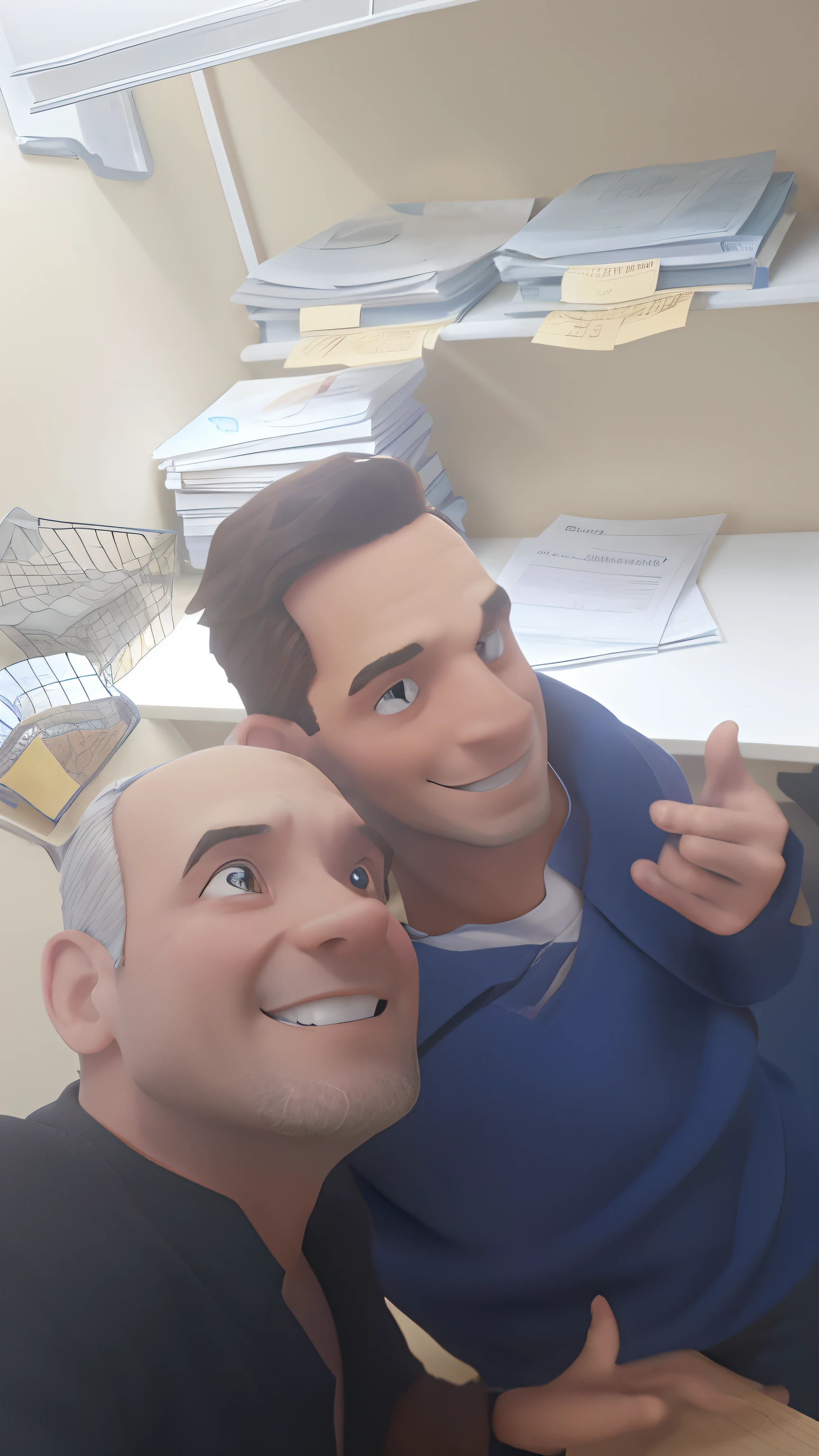 Two friends in an office with wall with shelf and papers