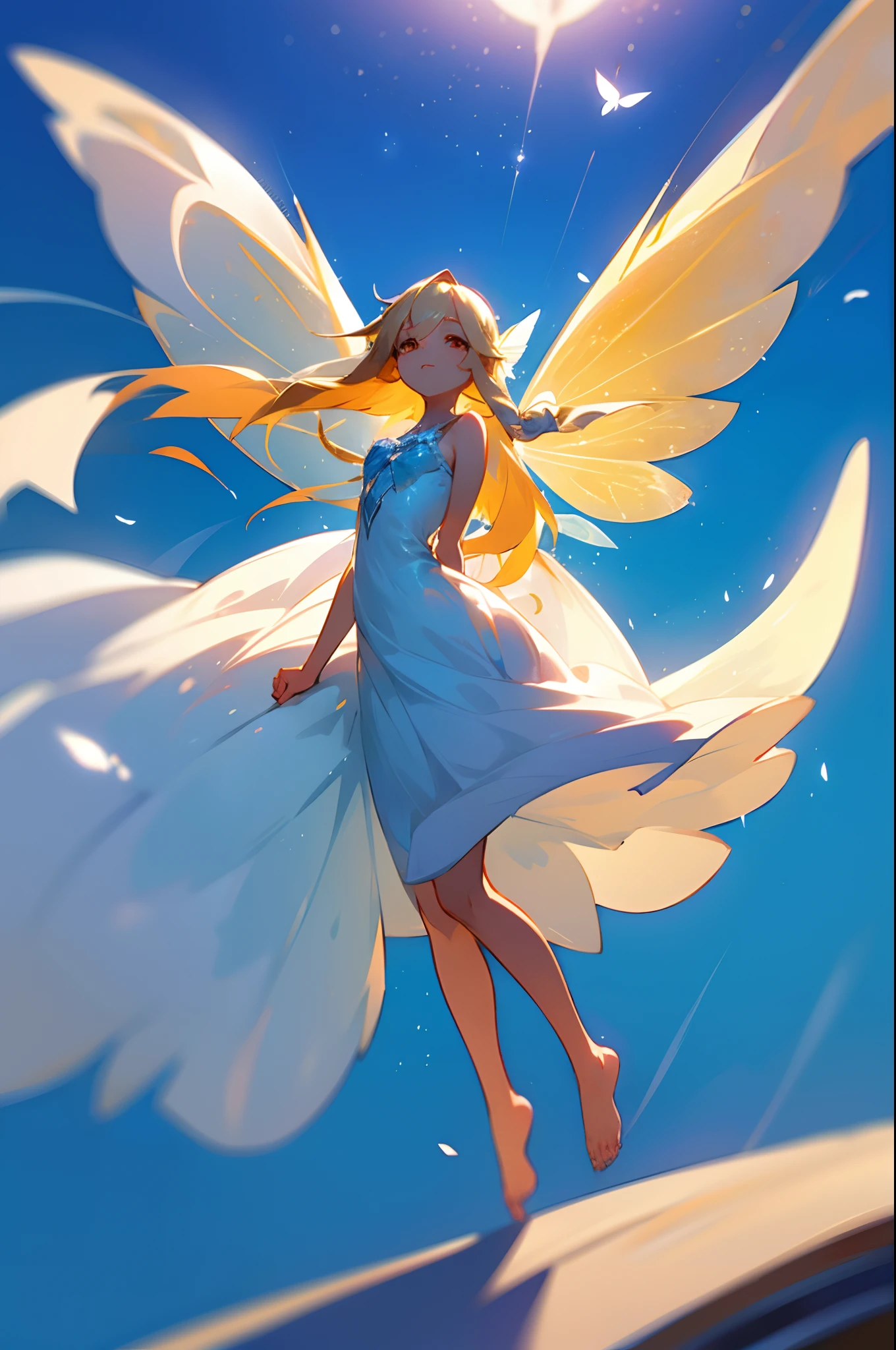 light fairy, blue sky background, full body, white fairy wings, shining light, long blond hair, golden eyes, white dress, flying, looking at the viewer