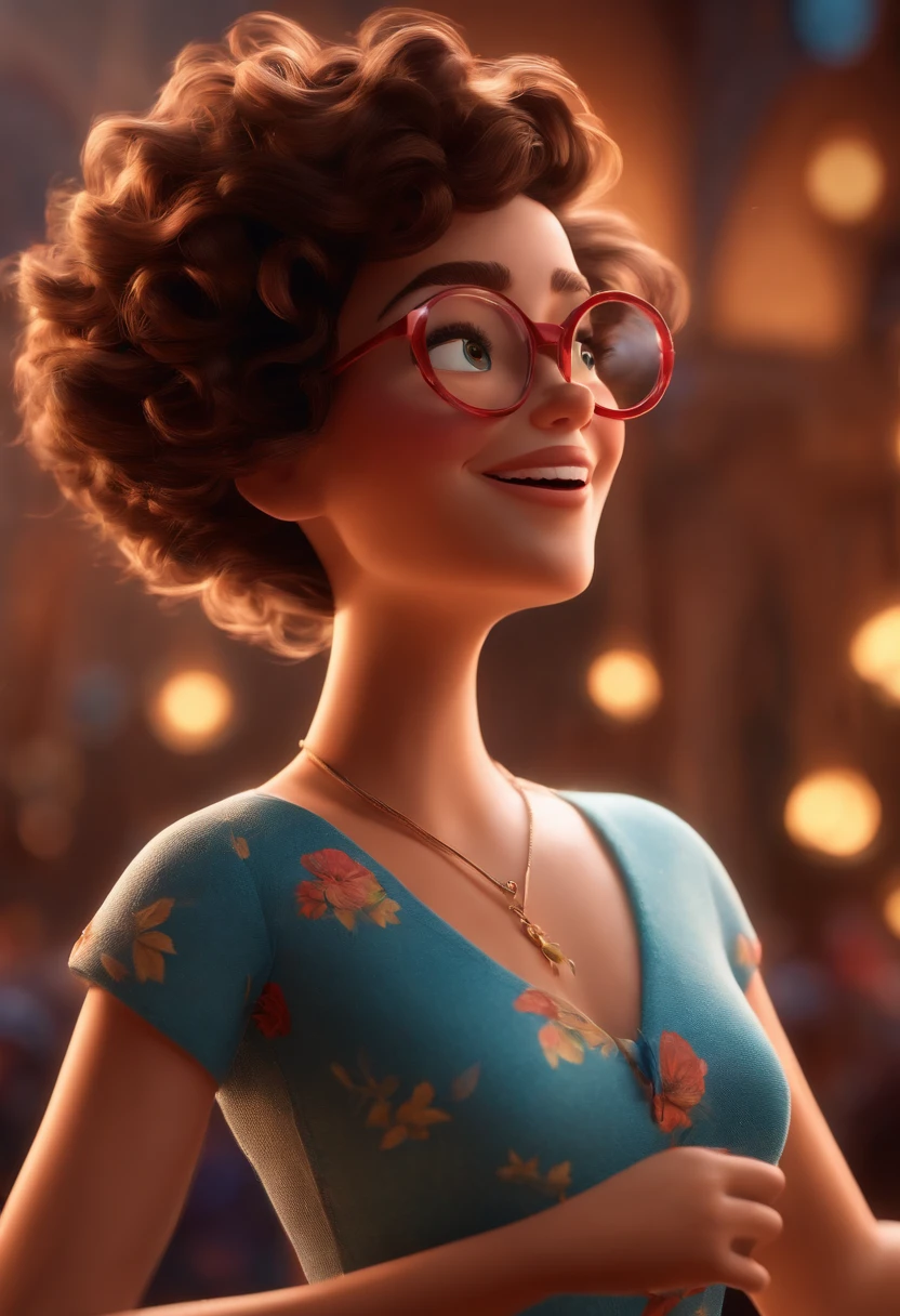Pixar style image with 3D character white glasses brunette woman short curly hair dancing, Maquiagem Disney,Pescador, bonitinho, sorridente ,Close-up, Pixar, Disney, Cinema lighting,