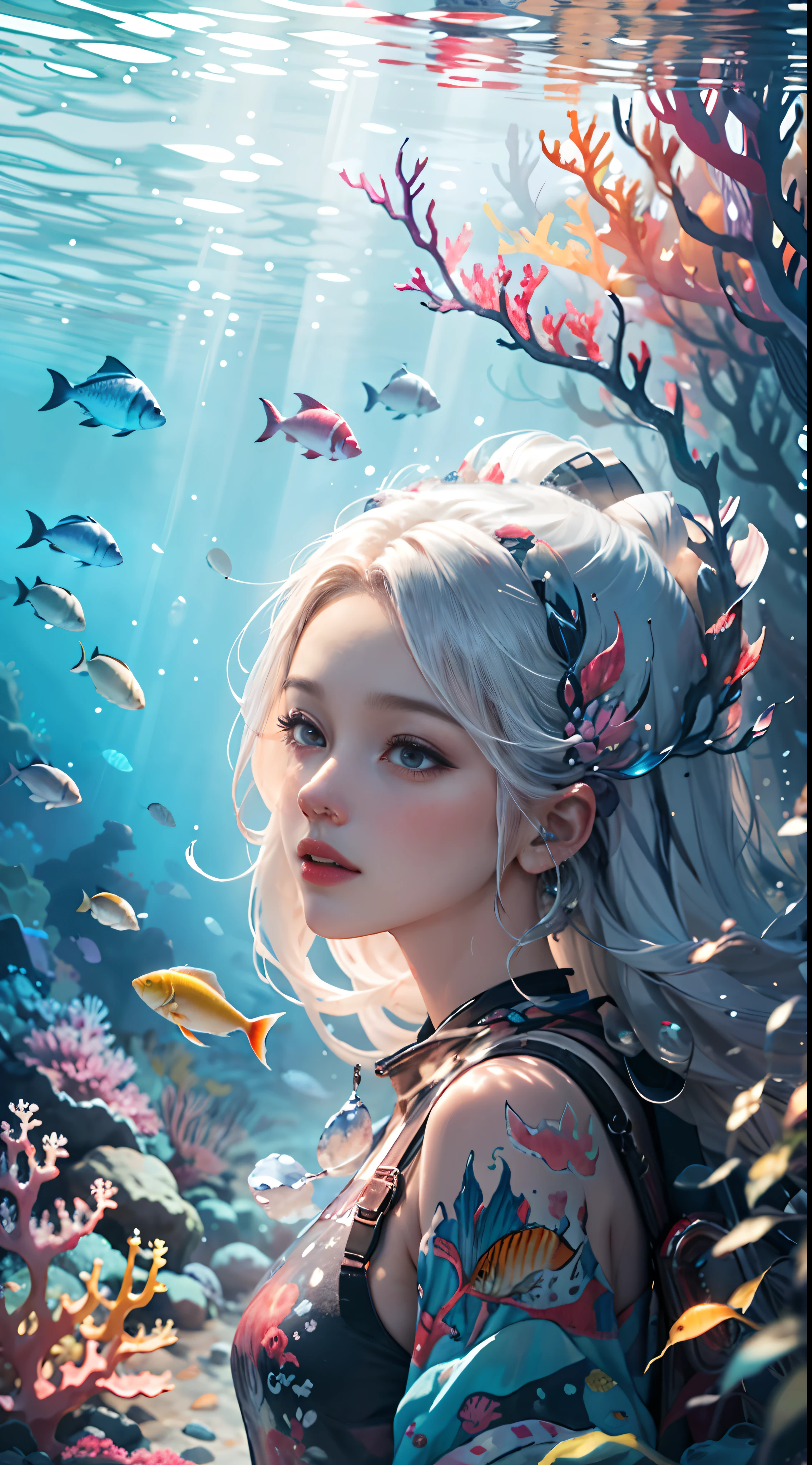 Conceptual art of marine life, Undersea landscape, Marine life，Beautiful coral reefs come in different shapes, 3D，, Fish, Female animated fantasy illustration. Long white hair scattered in the sea, Drift, Very harmonious. The whole painting adopts a messy and imaginative painting style. The colors are bright and saturated, And with smooth lines. The mystery and beauty of the ocean, The painting depicts an underwater world full of life and vitality, Animated art wallpaper 8 K