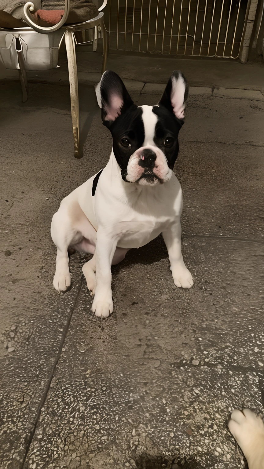 There's a small dog sitting on the floor next to a cat, french bulldog, pugilista, branco com manchas pretas, Bullies, Rocco, atordoante!, pimenta, !!Beautiful!!, Walter, Directed by: Emma Andijewska, Miko, !!altamente detalhado!!, branco com manchas marrons de chocolate, Directed by: Tom Wänerstrand, olhar orgulhoso, manchado ultra realista
