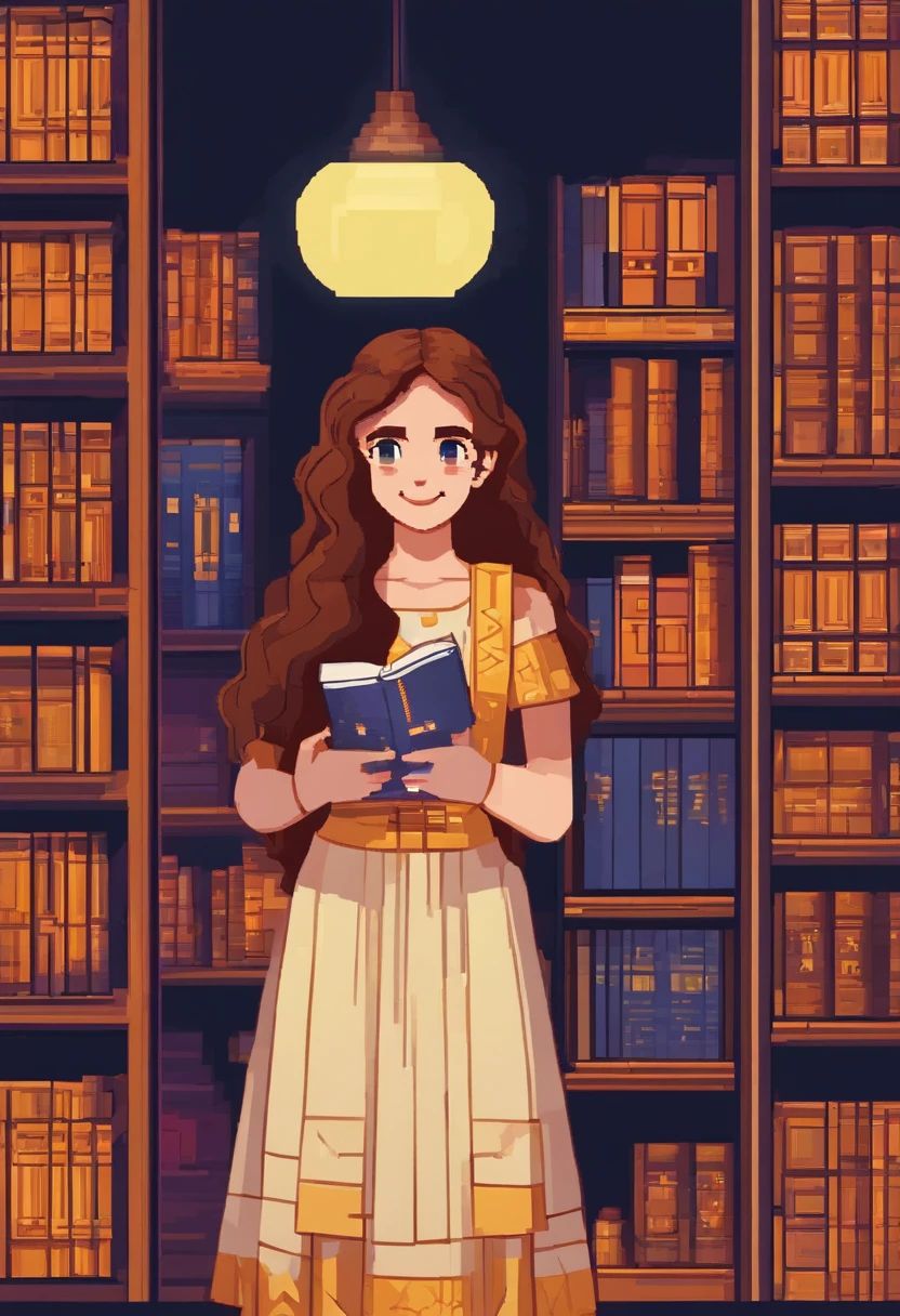 A wise girl with long curly hair smiling with a bible in her hand standing in front, illuminated by the light of a lamp, contra o pano de fundo de uma biblioteca