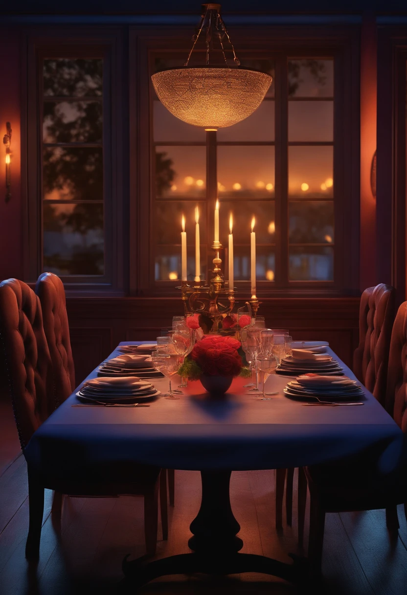 Pixar 3D style drawing of a very romantic dinner table looking at the table level