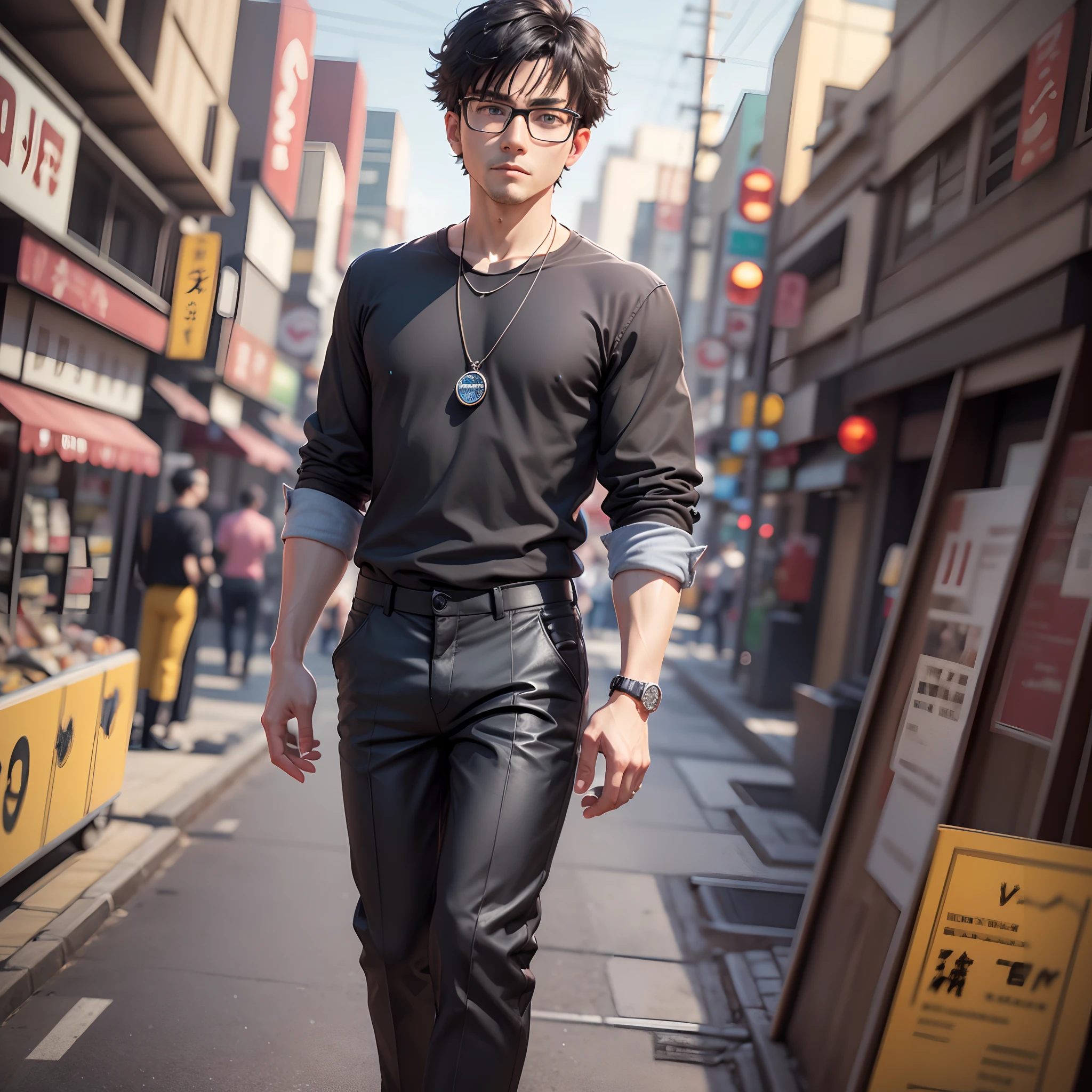 Disney Pixar poster that says "MRF", wearing black stem glasses and transparent glass, black hair with a comma hair style, plain black shirt tucked into trousers, necklace with pendant, dark gray slim fit trousers, white shoes, both hands  in his trouser pocket, looking at the camera, background in the middle of a Japanese city, masterpiece, 4k, 3d animation style, highly detailed —ar 9:16 — auto -variation- --auto --s2