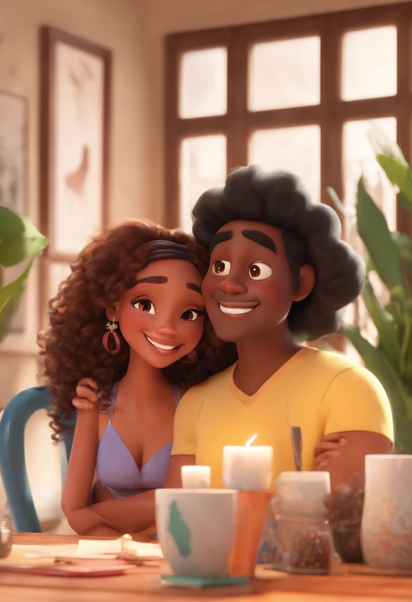 An illustration of an adorable couple, Highlighting a white man and a black woman with beautiful expressive eyes – the man's skin is white and the man's hair is straight and black, while the woman's skin is black and the woman's hair is straight and brown. They are a bright room, cada um com um sorriso no rosto, e compartilhar um momento especial caracterizado pelo amor, Insights. Illustrate this scene from a perspective where they are facing the camera, Smiling and Showing Your Connection. Desenvolva esta arte em Full HD, Focus on your cinematic touch, Estilo Disney Pixar Animations