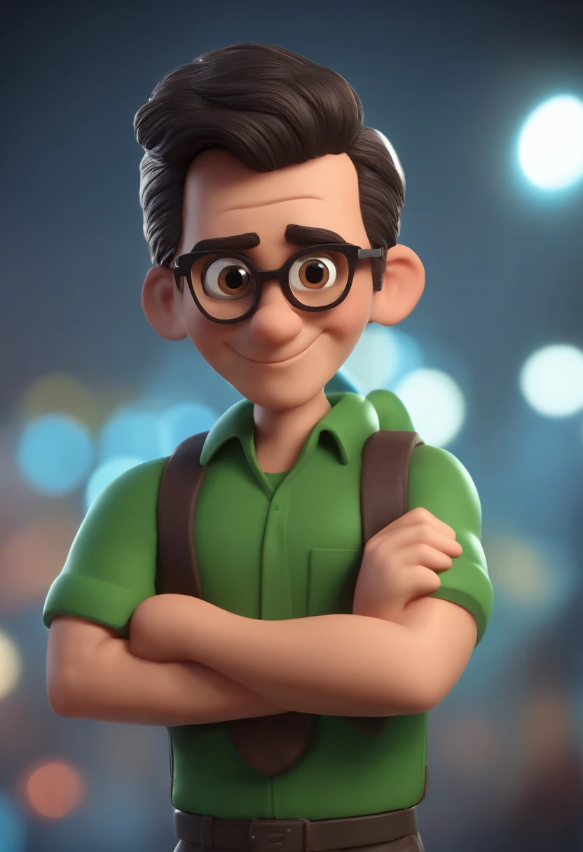 personagem dos desenhos animados de um homem de 50 anos, esbelto, pardo, With short hair with black glasses,  uma camiseta preta de mangas curtas com uma logomarca escrito DPS no centro da camisa, na cor laranja, bermuda preta, Red sneakers and black ankle socks,animation character, Caractere estilizado, animation style rendering, 3D estilizado, Arnold Maya render, 3 d render stylized, toon render keyshot, Personagem 3D, Personagem 3D, 3d rendering stylized, 3 d character render, personagem de desenho animado, Personagem de close up, Pose de personagem,  (Estilo Pixar) (master part:1.2) (Bokeh) (best quality) (pele detalhada) (textura detalhada) (8k) (argila) (Cinematic lighting) (foco nítido