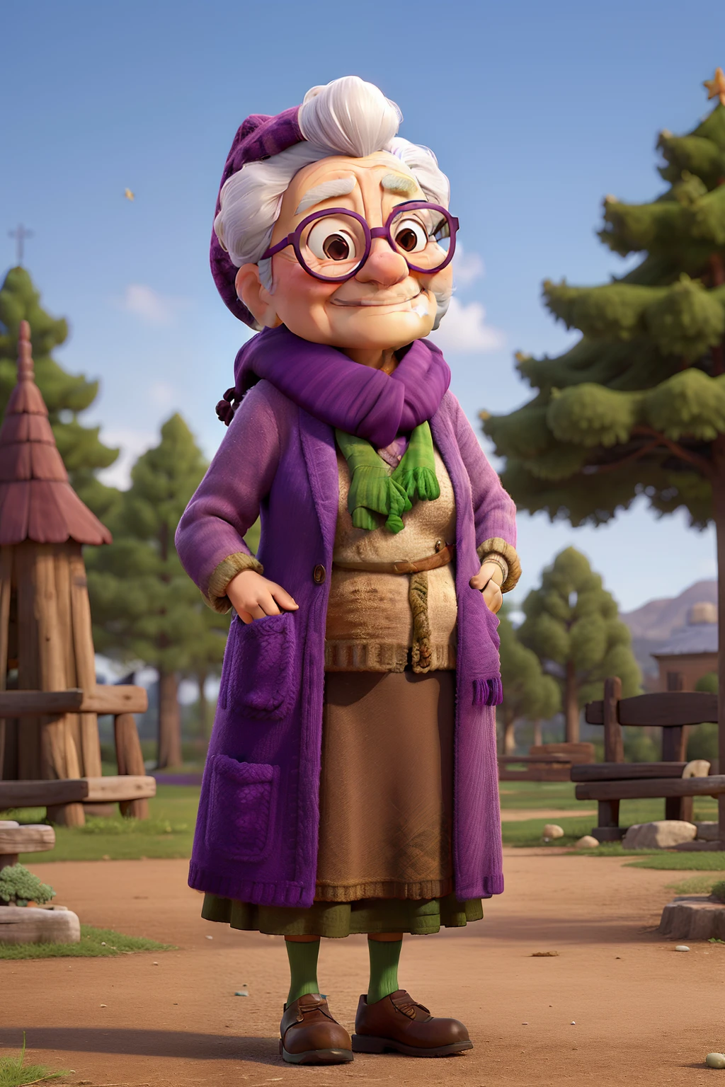 masterpiece, best quality, an old woman with glasses and a scarf on, wearing a purple coat and green scarf, standing at the park