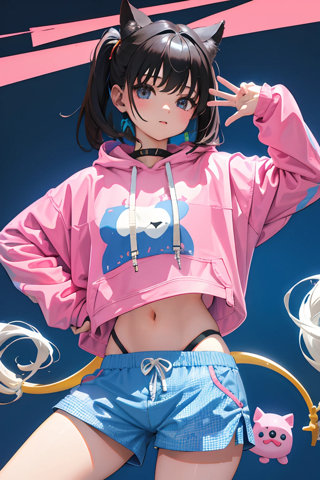 (child),(masterpiece,Highest Quality),Crop Top Look,Pastel Hoodie,(Gingham Check Shorts),A dark-haired,Twin-tailed,World of toys
