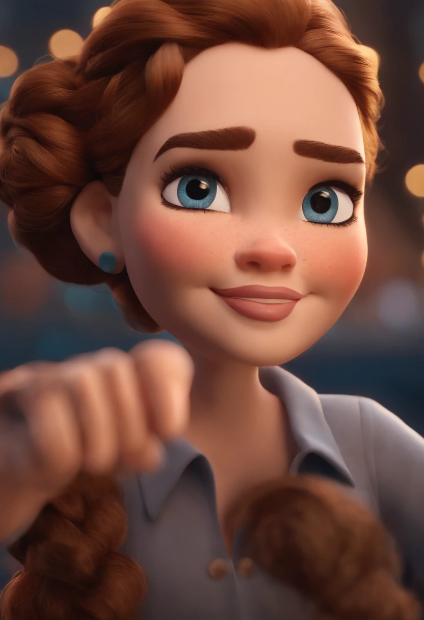 Garota, estilo disney, tom de pele: claro: Cabelo: marrom escuro, cacheado, grande, braid hairstyle. Cropped : curto, Cor azul. Fundo: Gray and white gradient,Comemorando, Hands raised, sorrindo, feliz, (estilo pixar) (obra-prima:1.2) (bokeh) (melhor qualidade) (pele detalhada) (textura detalhada) (8k) (claymation) (cinematic lighthing) (foco nítido