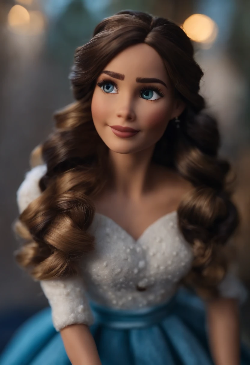 Garota, estilo disney, tom de pele: claro: Cabelo: marrom escuro, cacheado, grande, braid hairstyle. Cropped : curto, Cor azul. Fundo: Gray and white gradient,Comemorando, Hands raised, sorrindo, feliz, (estilo pixar) (obra-prima:1.2) (bokeh) (melhor qualidade) (pele detalhada) (textura detalhada) (8k) (claymation) (cinematic lighthing) (foco nítido
