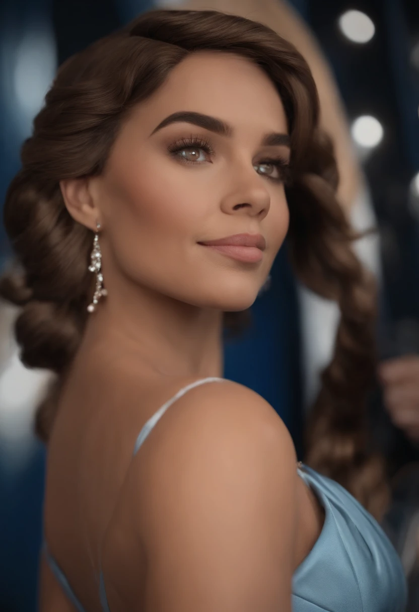 Garota, estilo disney, tom de pele: claro: Cabelo: marrom escuro, cacheado, grande, braid hairstyle. Cropped : curto, Cor azul. Fundo: Gray and white gradient,Comemorando, Hands raised, sorrindo, feliz, (estilo pixar) (obra-prima:1.2) (bokeh) (melhor qualidade) (pele detalhada) (textura detalhada) (8k) (claymation) (cinematic lighthing) (foco nítido
