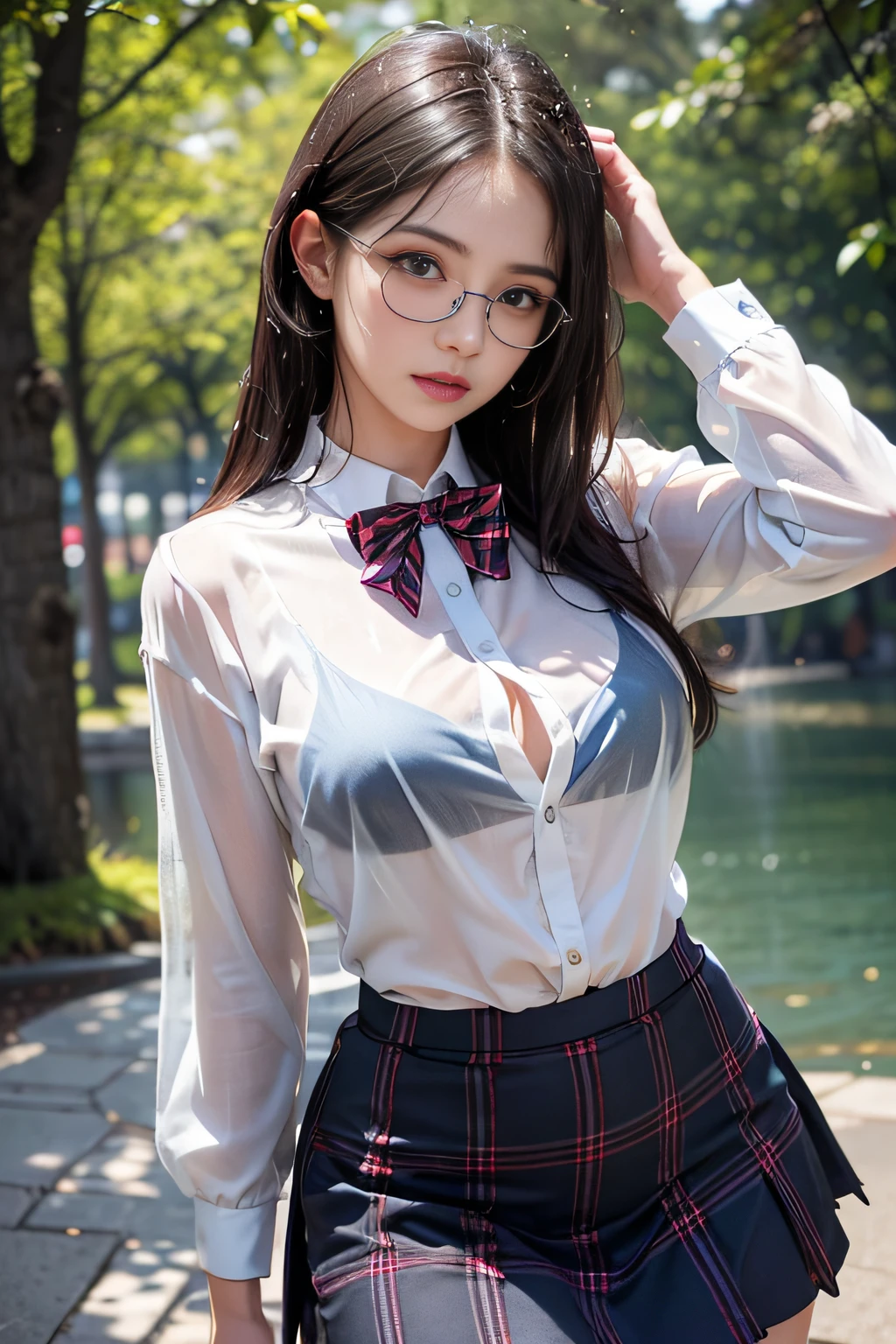 ((High school girl walking in a park by the lake))、((Translucent wet white blouse、red bowtie、Dark blue checked skirt)). 40k, Photography, masutepiece, Best Quality, dark grey background, ((1 Gorgeous bright-haired girl with beautiful eyes, She wears glasses on her beautiful face, )). White skin, Poses variadas.((breasts of medium size,:1.1)), Best Quality, masutepiece, Ultra high definition, (Photorealistic:1.4), Raw photo, (perfect body type), (slim:1.3), Slim abdomen, Perfect slim figure, dynamicposes, (((Full-figured :0.9))), Solo, Cold Light 12000K, Highly detailed facial and skin texture, Detailed eyes, Realistic eyes, Beautiful detailed eyes, (Realistic skin), Attractive, 超A high resolution, A hyper-realistic, Highly detailed,((she is soaking wet)),((erection))、