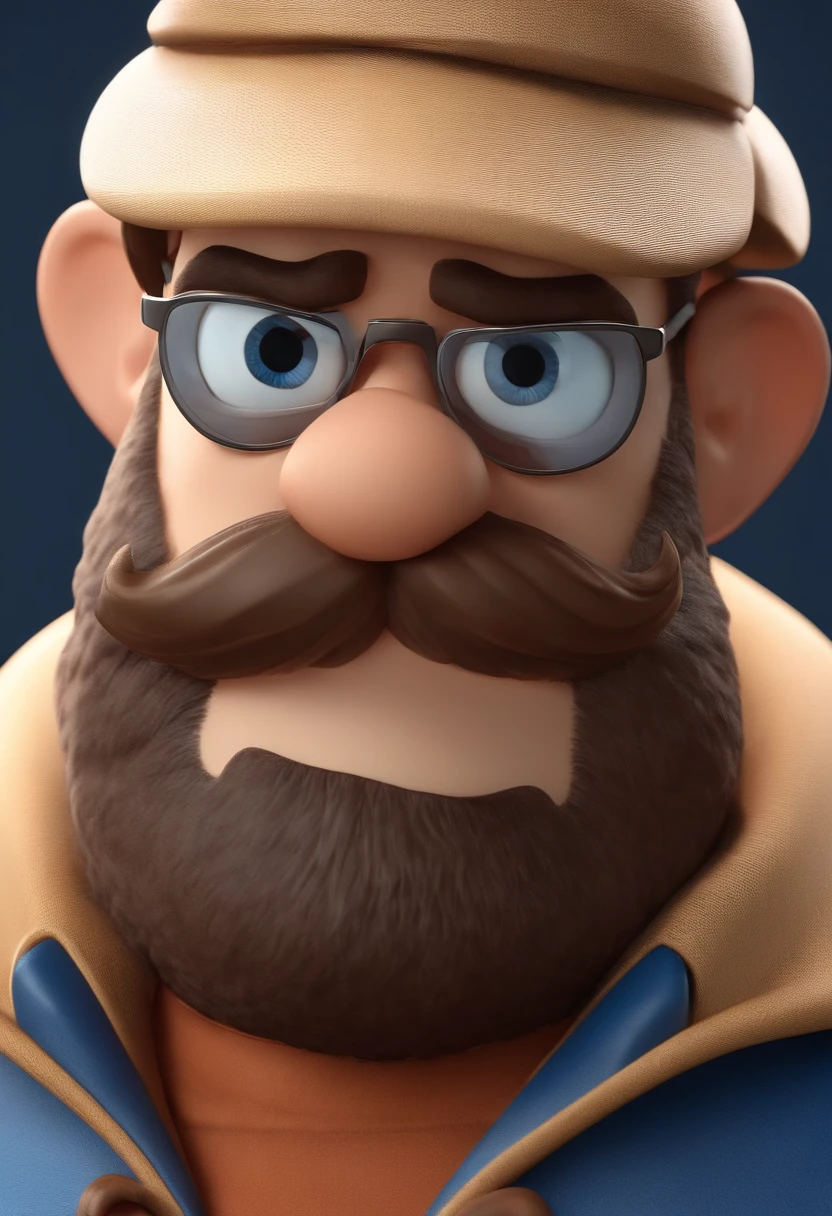 personagem dos desenhos animados de um homem de bigode cabelo curto nariz afilado sobrancelhas coladas e com uma camisa azul, animation character, Caractere estilizado, animation style rendering, 3D estilizado, Arnold Maya render, 3 d render stylized, toon render keyshot, Personagem 3D, Personagem 3D, 3d rendering stylized, 3 d character render, personagem de desenho animado, Personagem de close up, Pose de personagem,  (Estilo Pixar) (master part:1.2) (Bokeh) (best quality) (pele detalhada) (textura detalhada) (8k) (argila) (Cinematic lighting) (foco nítido