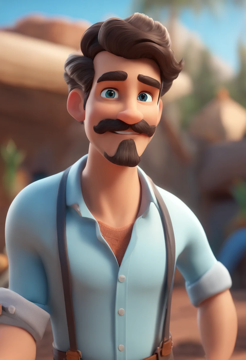 personagem dos desenhos animados de um homem de bigode cabelo curto nariz afilado sobrancelhas coladas e com uma camisa azul, animation character, Caractere estilizado, animation style rendering, 3D estilizado, Arnold Maya render, 3 d render stylized, toon render keyshot, Personagem 3D, Personagem 3D, 3d rendering stylized, 3 d character render, personagem de desenho animado, Personagem de close up, Pose de personagem,  (Estilo Pixar) (master part:1.2) (Bokeh) (best quality) (pele detalhada) (textura detalhada) (8k) (argila) (Cinematic lighting) (foco nítido