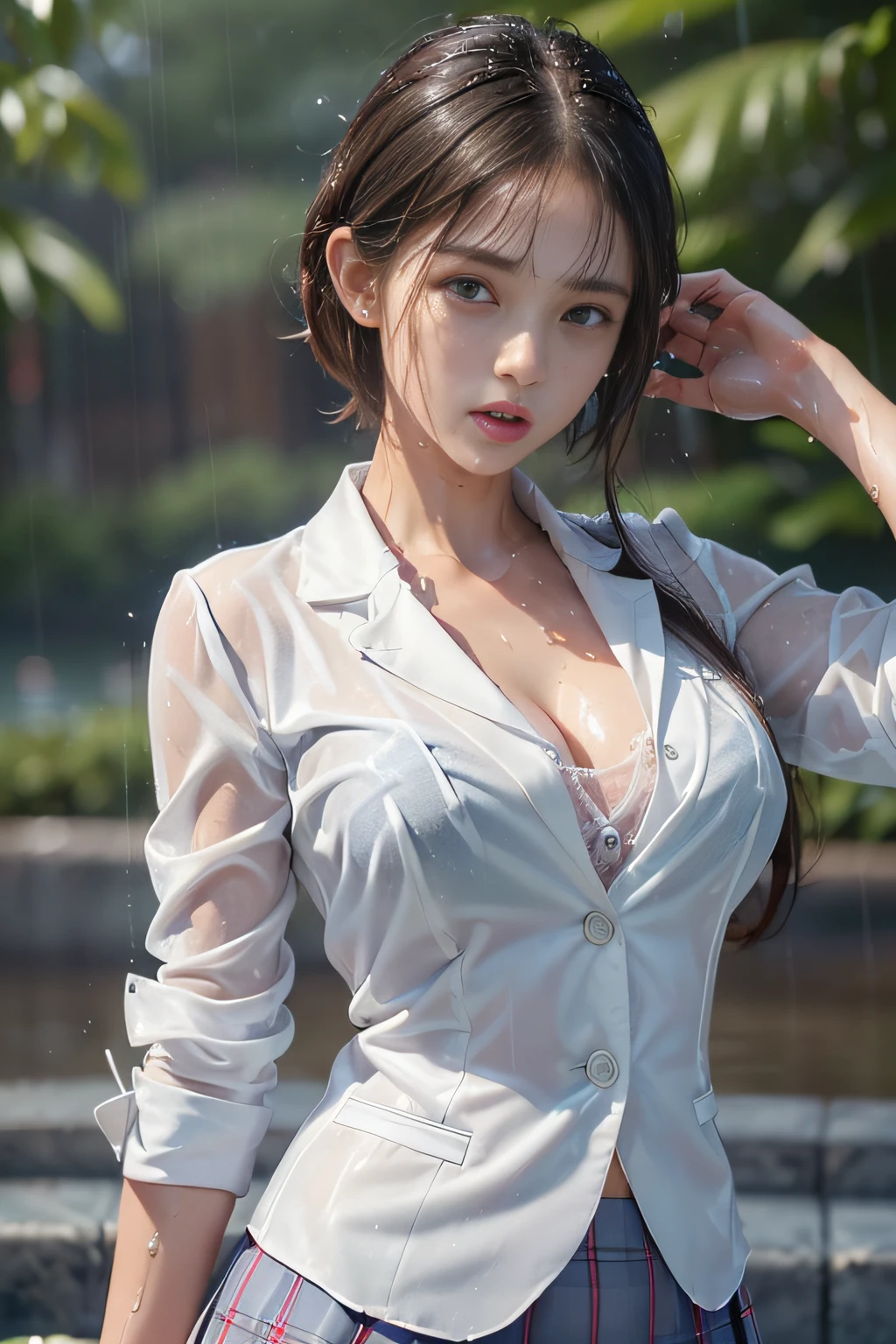 ((High school girl walking in a park by the lake))、((White blazer in wet uniform))、((Translucent white blouse、red bowtie、Dark blue checked skirt)). 40k, Photography, masutepiece, Best Quality, dark grey background, ((Beautiful eyes、One girl in a wet brown pale short cut, . White skin, Poses variadas.((breasts of medium size,:1.1)), Best Quality, masutepiece, Ultra high definition, (Photorealistic:1.4), Raw photo, (perfect body type), (slim:1.3), Slim abdomen, Perfect slim figure, dynamicposes, (((Full-figured :0.9))), Solo, Cold Light 12000K, Highly detailed facial and skin texture, Detailed eyes, Realistic eyes, Beautiful detailed eyes, (Realistic skin), Attractive, 超A high resolution, A hyper-realistic, Highly detailed,、((she is soaking wet)),((signs of rain)),((erection))