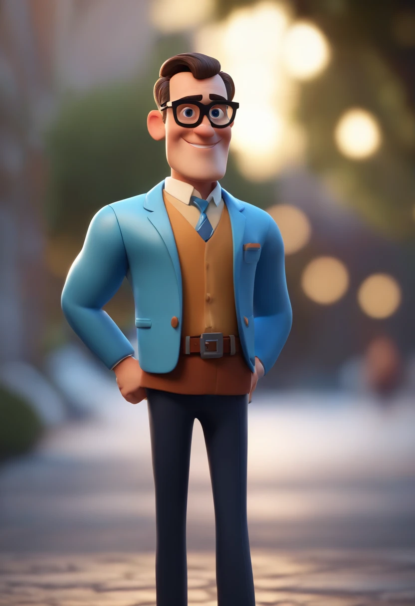 Cartoon character of a man wearing black glasses and a blue shirt, um personagem animado, Caractere estilizado, animation style rendering, 3D estilizado, Arnold Maya render, 3 d render stylized, toon render keyshot, Personagem 3D, Personagem 3D, 3d rendering stylized, 3 d character render, personagem de desenho animado, Personagem de close up, Pose de personagem, (Estilo Pixar) (master part:1.2) (Bokeh) (best quality) (pele detalhada) (textura detalhada) (8k) (argila) (Cinematic lighting) (foco nítido,Senta e vaza a parte superior do corpo