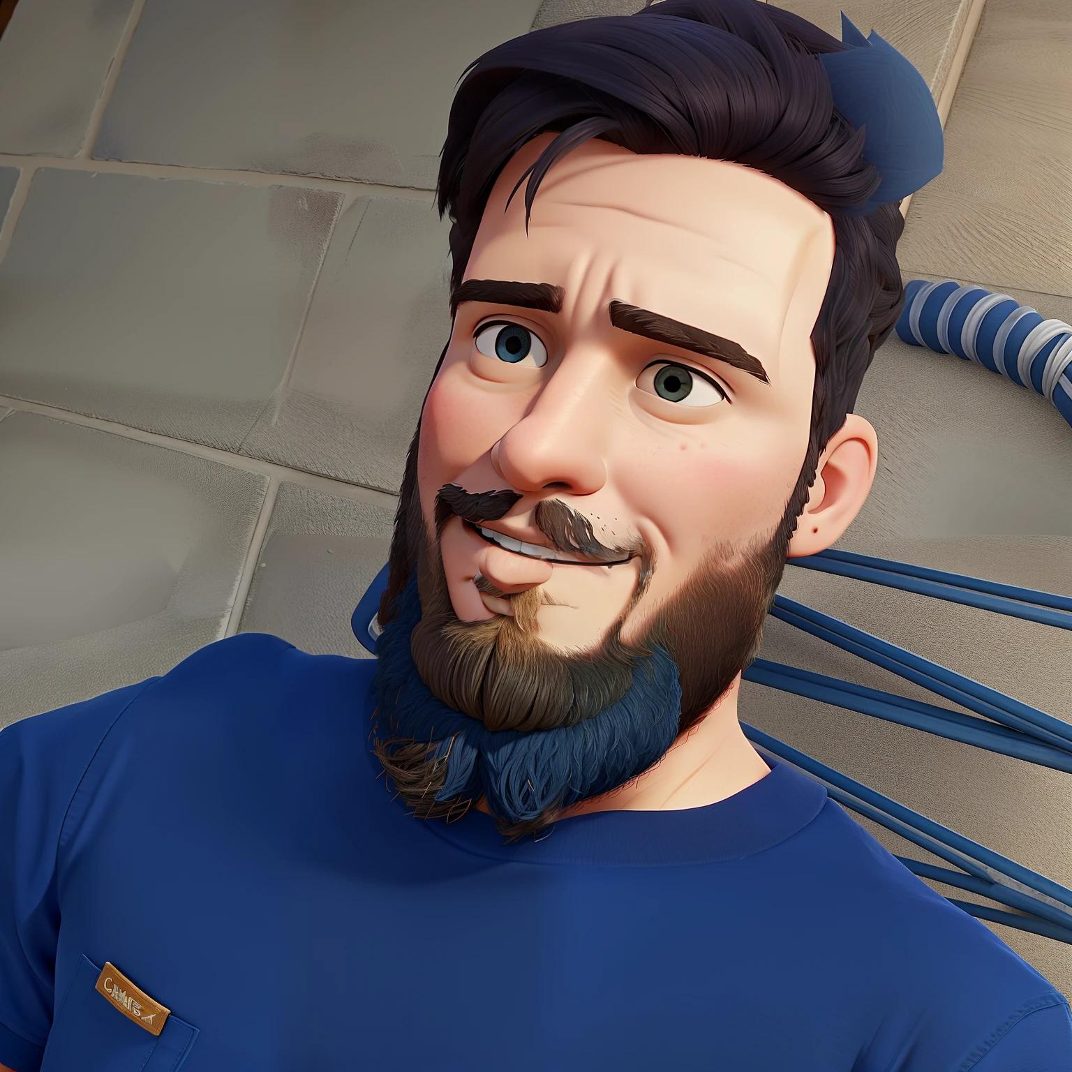 Um homem de 22 anos com barba grande sentando em uma cadeira , Boss's basic blue shirt, cabelo baixo nas laterais.