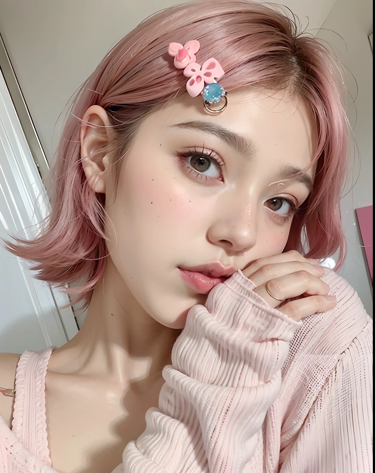 Un primer plano de una mujer con el pelo rosa y una camisa rosa, Linda chica con cabello corto y rosado, Tono de piel rosa pastel, Retrato realista kawaii, con cabello rosado, Chica rosa, ulzzang, cabello liso rosa, 🤤 girl portrait, rosa pastel, ((rosado)), cara rosada, cabello rosado cubierto de horquillas, cabello rosa claro, Cabello rosado corto