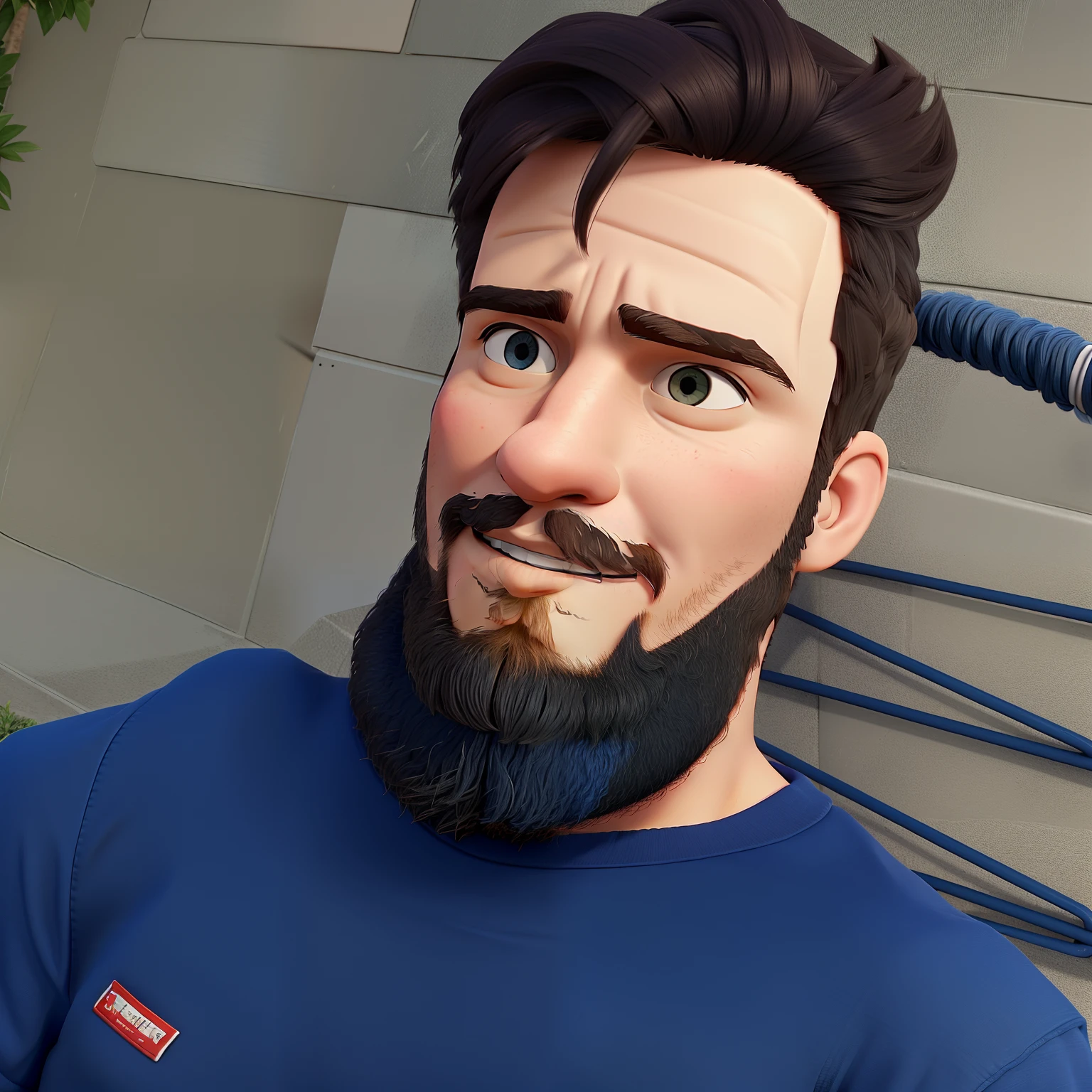 Um homem de 22 anos com barba grande sentando em uma cadeira , Boss's basic blue shirt, cabelo baixo nas laterais.