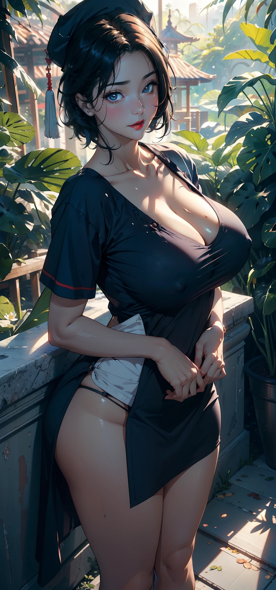 1female,45 yers old,A MILF,熟妇,mature,extremely large bosom,huge tit, A sagging breast,独奏,(Background with:hospitals,the rainforest,lotus flower,Sateen) She has short black hair,bobo head,,seen from the front, standing in forest, mostly cloudy sky,(((tmasterpiece),(Very detailed CG unity 8K wallpaper),best qualtiy,cinmatic lighting,detailed back ground,beatiful detailed eyes,Bright pupils,Black eyes,Snow-whiteskin,Redlip(Very fine and beautiful),(Beautiful and detailed eye description),ultra - detailed,tmasterpiece,))facing at camera,A high resolution,ultra - detailed),extremely large bosom,A sagging breast,revealing breasts,Bare genitalia, Bulge,legs are open,Raised sexy,Camel toes,Flushed complexion,Desire for dissatisfaction,frontage,nurses(Wearing:Blue nurse uniform,Nurse hat,cleanness)