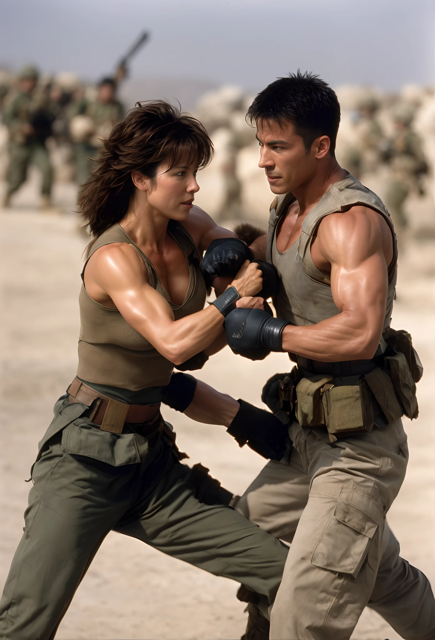 photography of muscular woman in bra, toned abs, sophie marceau fighting hand to hand with asian soldier in battlefield