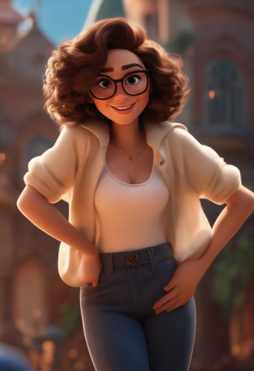 Pixar style image with 3D character white glasses brunette woman short curly hair dancing, Maquiagem Disney,Pescador, bonitinho, sorridente ,Close-up, Pixar, Disney, Cinema lighting,
