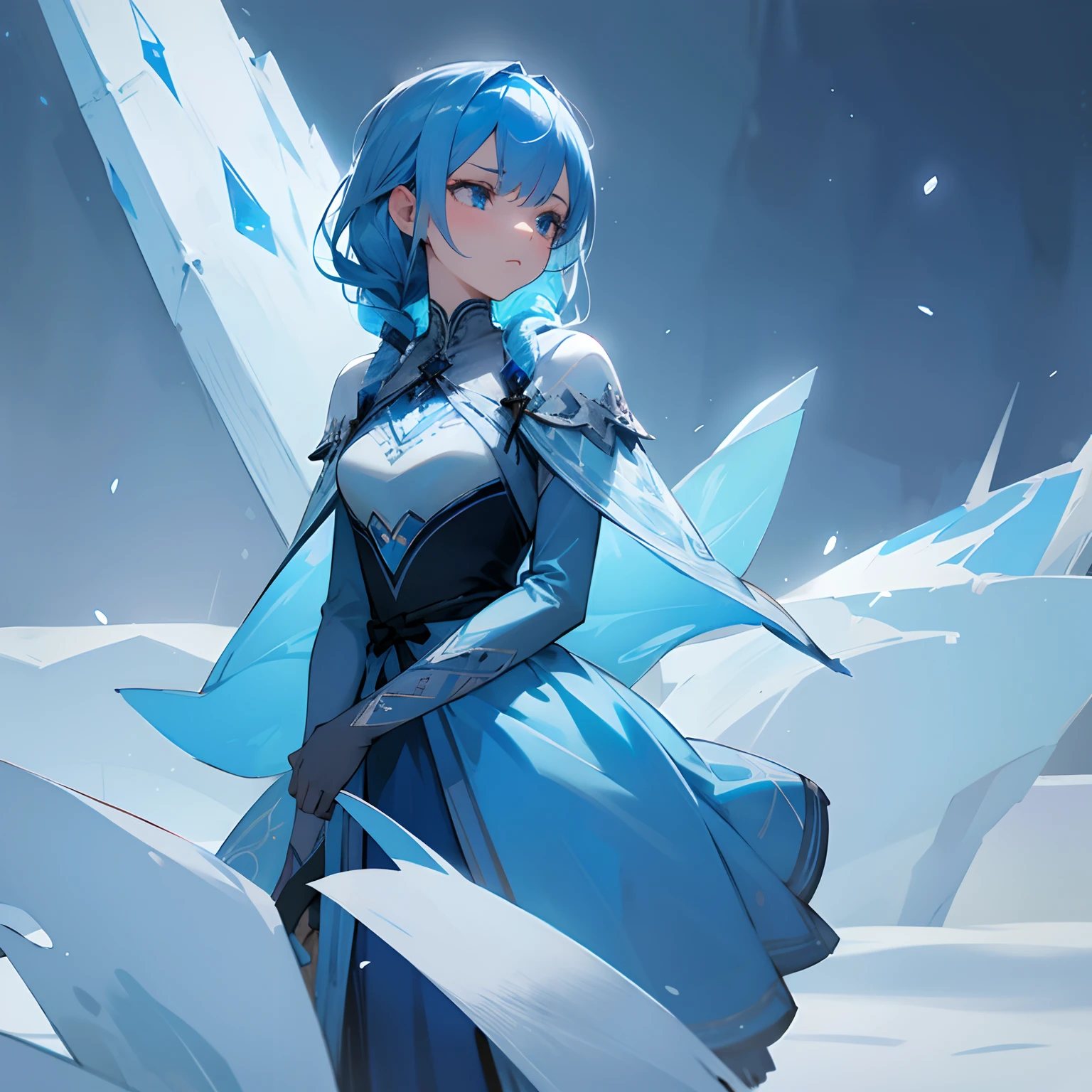 blue rose girl, blue dress, fully covered, blue hair, hd, ultra quality, serious face, looking away, detailed eyes, frozen environment, cold, winter
