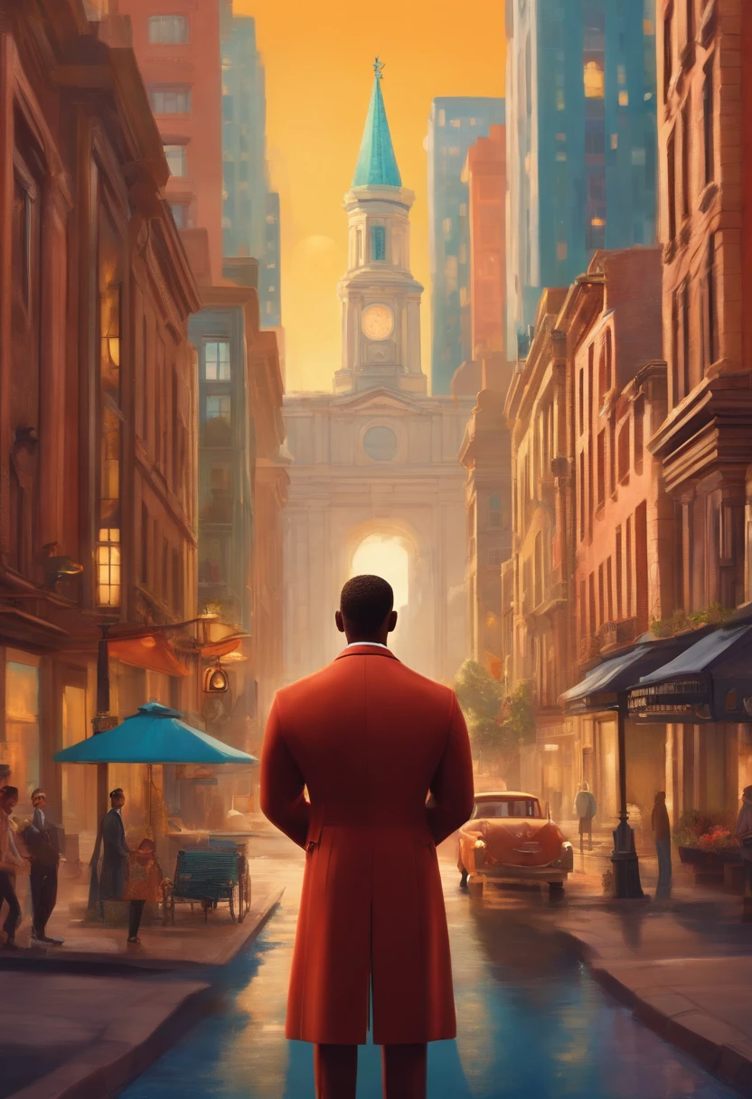 A city councilman looking at a dream project inspired by Pixar animation, de perto. The character takes center stage with captivating facial expressions, oferecendo um toque de irrealidade