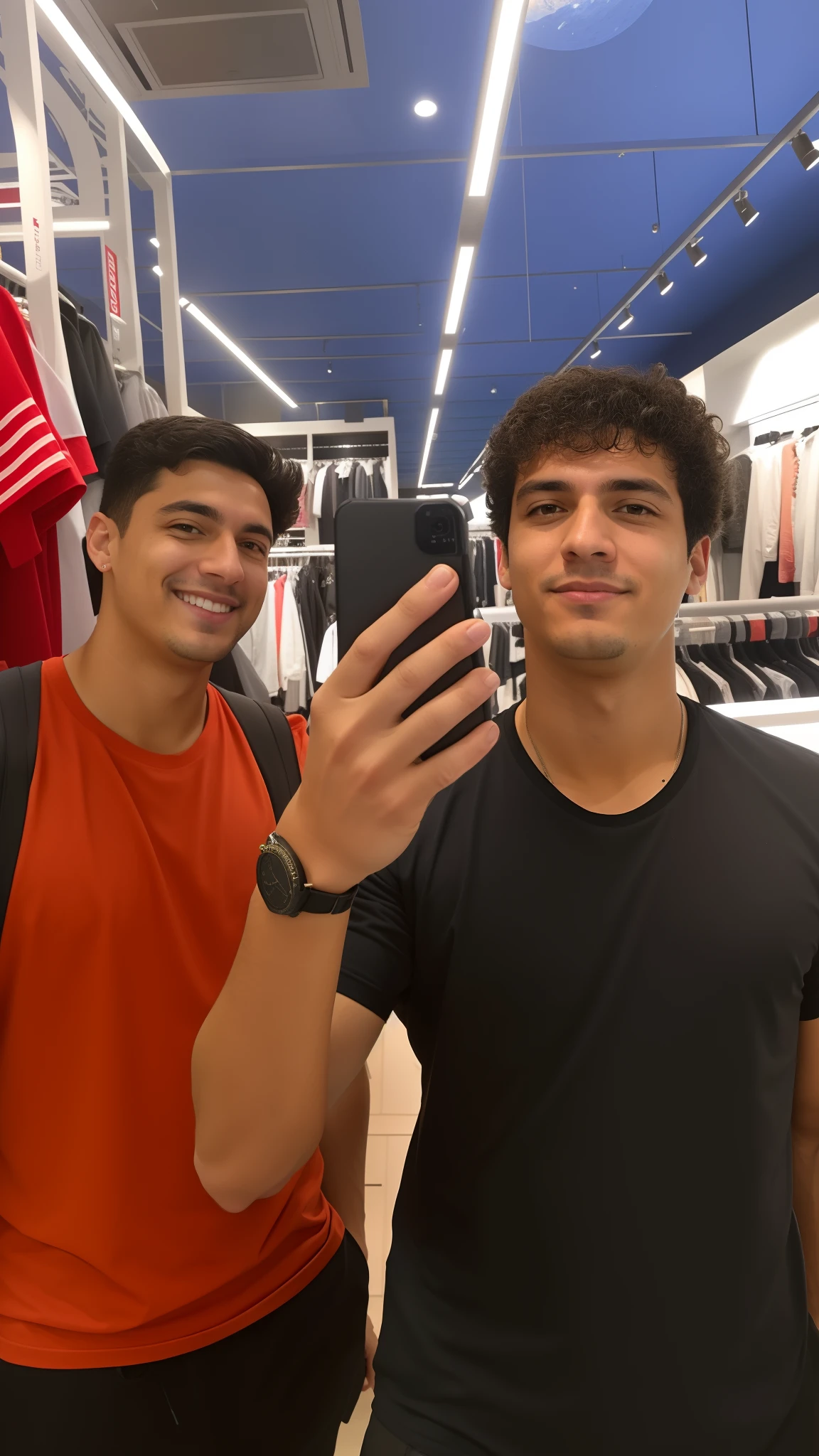 There are two men taking selfie in a clothing store, em um shopping, dois rapazes, Pablo Carpio e Jordan Grimmer, foto de perfil, 😭 🤧 💔, JoSan Gonzalez e Tyler Edlin, foto do perfil, 😭 🤮 💕 🎀, em um shopping, # Oc, #Oc, meninos bonitos, Petros e Leonid