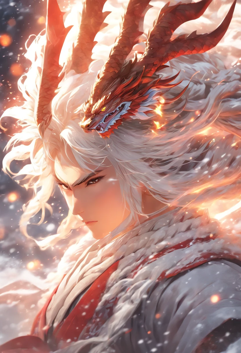 Dynamic Lighting, Art Station, Poster, Volume Lighting, Very Detailed Faces, 4k Wallpaper, Award-Standing, 1 Girl with White Hair, Long Flowing Hair, Ponytail, Fringed Hair Ornament, Dynamic Perspective, White Hanfu, White Gauze Flying, Red Belt, Sexy, Traditional Chinese Ink Painting, Surrounded by Clouds and Mist, Mist, Riding a White Dragon Dragon Head, Stroking the Dragon Head, White Dragon Horns, Dynamic Perspective, Movie Lighting,Snow