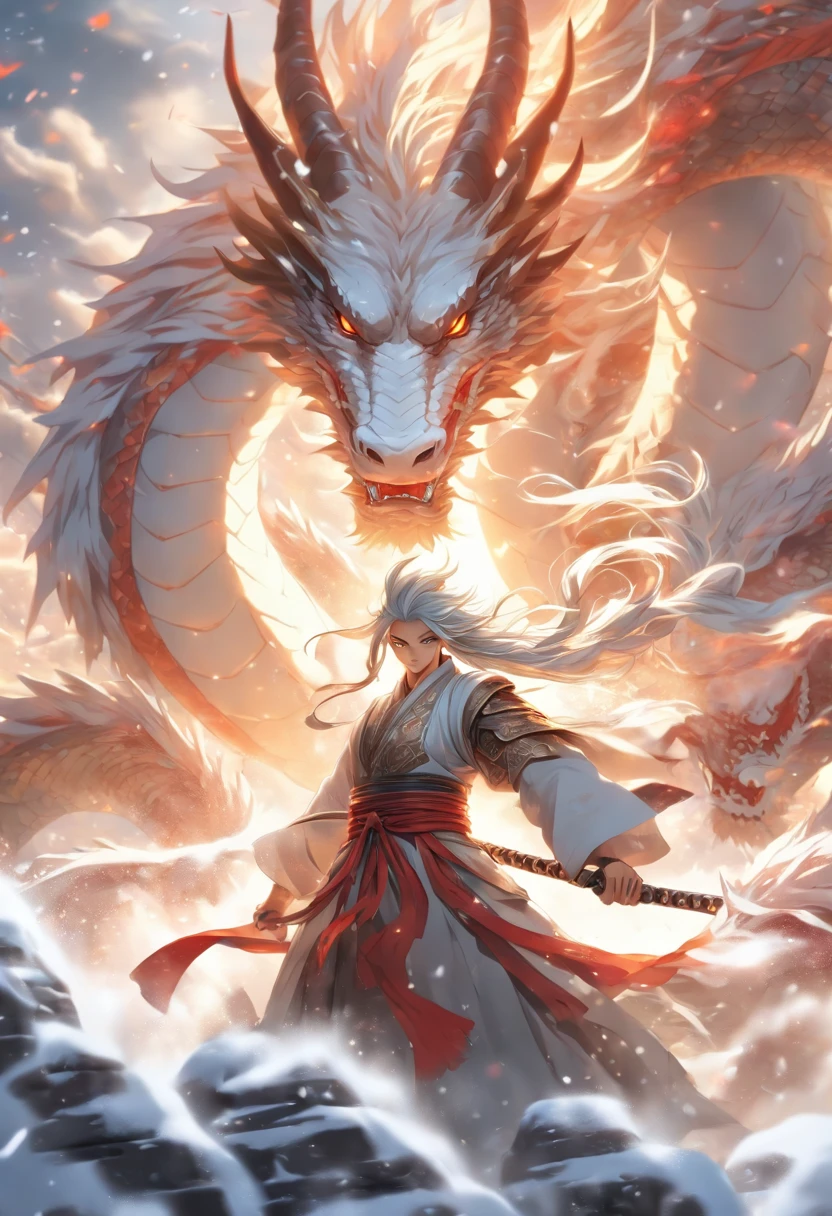 Dynamic Lighting, Art Station, Poster, Volume Lighting, Very Detailed Faces, 4k Wallpaper, Award-Standing, 1 Girl with White Hair, Long Flowing Hair, Ponytail, Fringed Hair Ornament, Dynamic Perspective, White Hanfu, White Gauze Flying, Red Belt, Sexy, Traditional Chinese Ink Painting, Surrounded by Clouds and Mist, Mist, Riding a White Dragon Dragon Head, Stroking the Dragon Head, White Dragon Horns, Dynamic Perspective, Movie Lighting,Snow