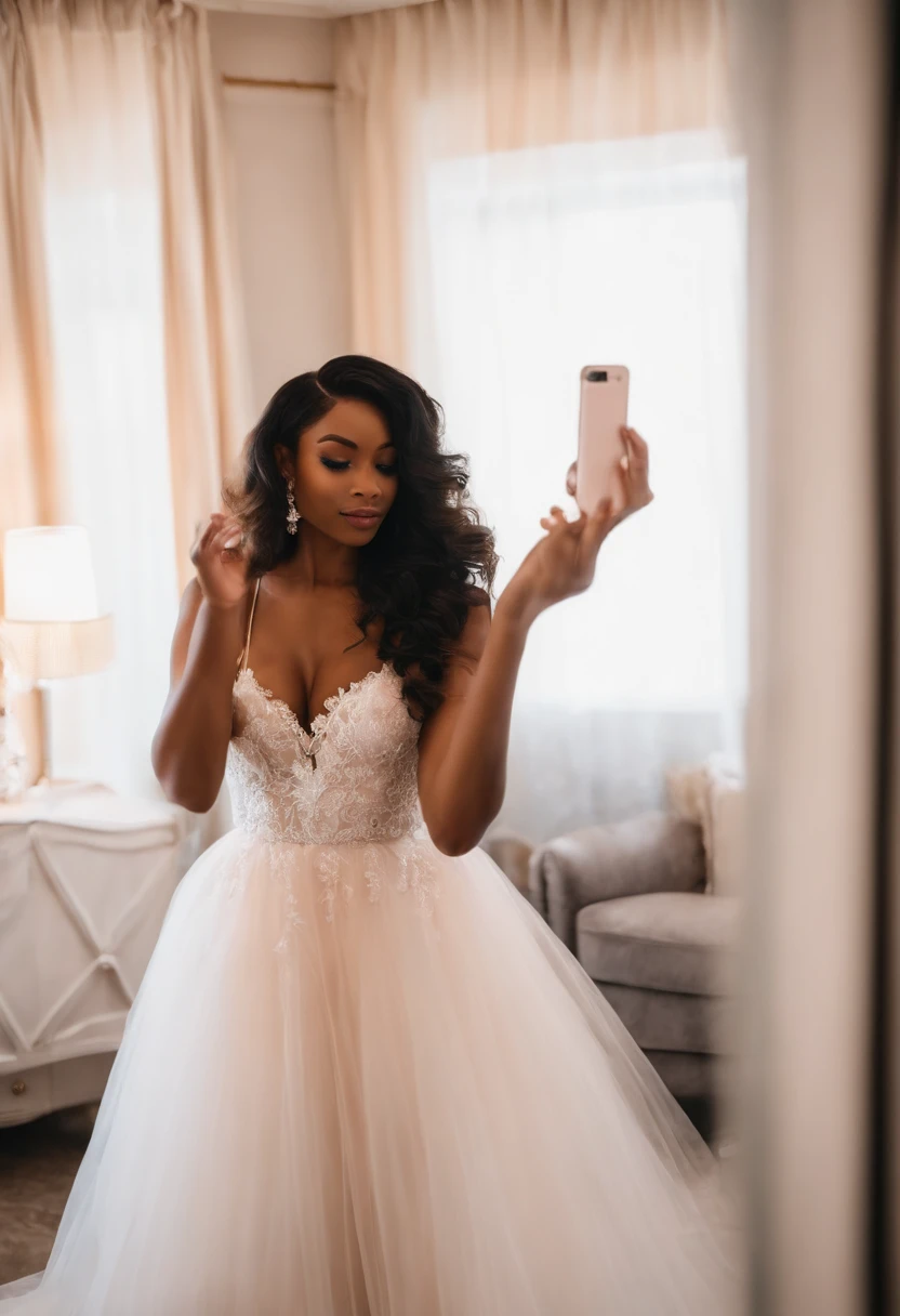 Capa de filme estilo disney, Black girl taking a selfie in the mirror in the bedroom, usando vestido de sol laranja, usando um vestido maravilhoso, beutifull, 19anos de idade mulher, imagem de qualidade muito alta, pele escura, intrincado, Ayahausca, muito laranja, vestido coberto completo, laranja extremamente coerente, muito vibrante, sorridente